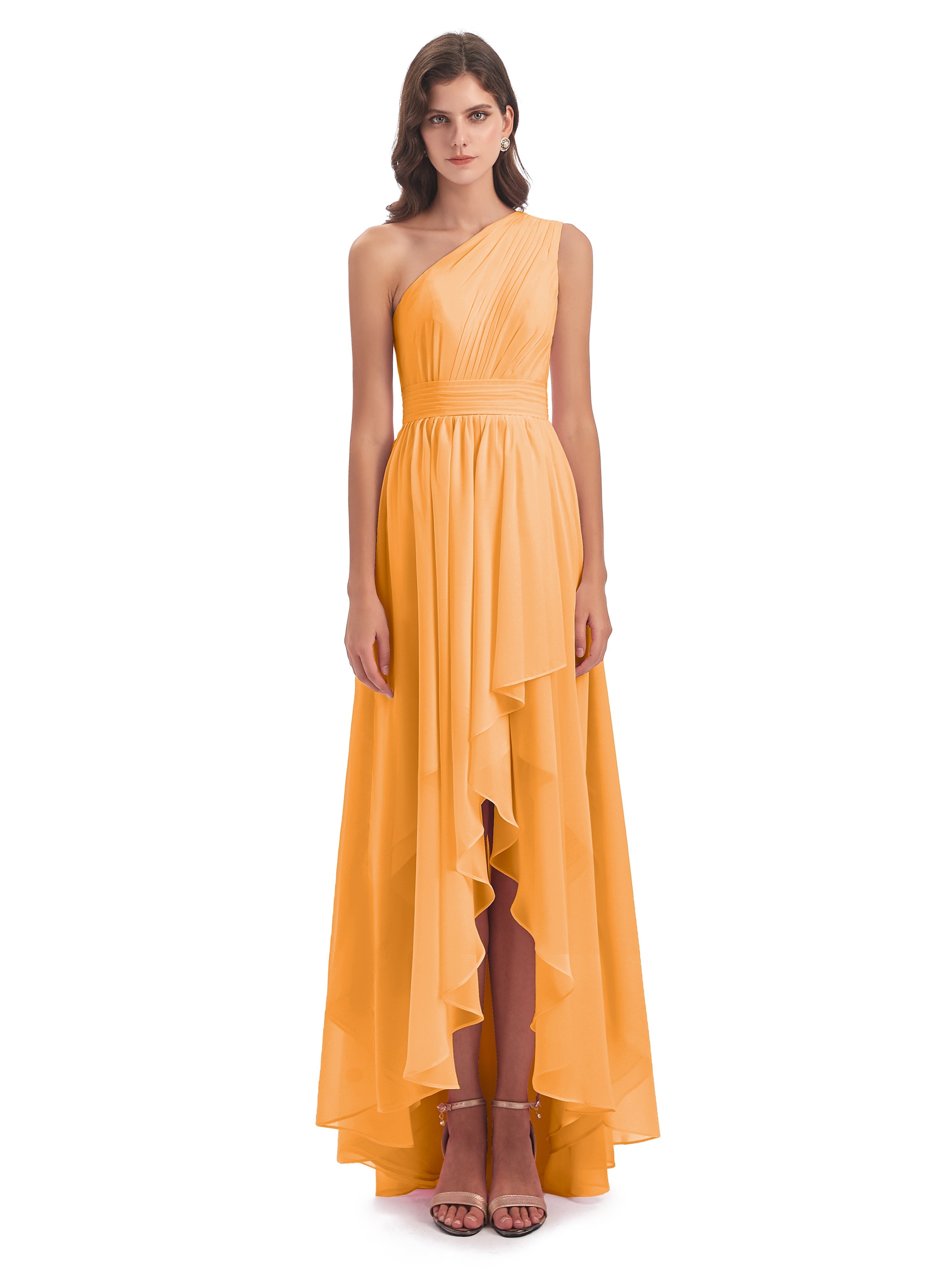 Robes De Demoiselle D'Honneur Mandarine Asymétrique Seule-Épaule Mousseline Robes Demoiselle D'Honneur