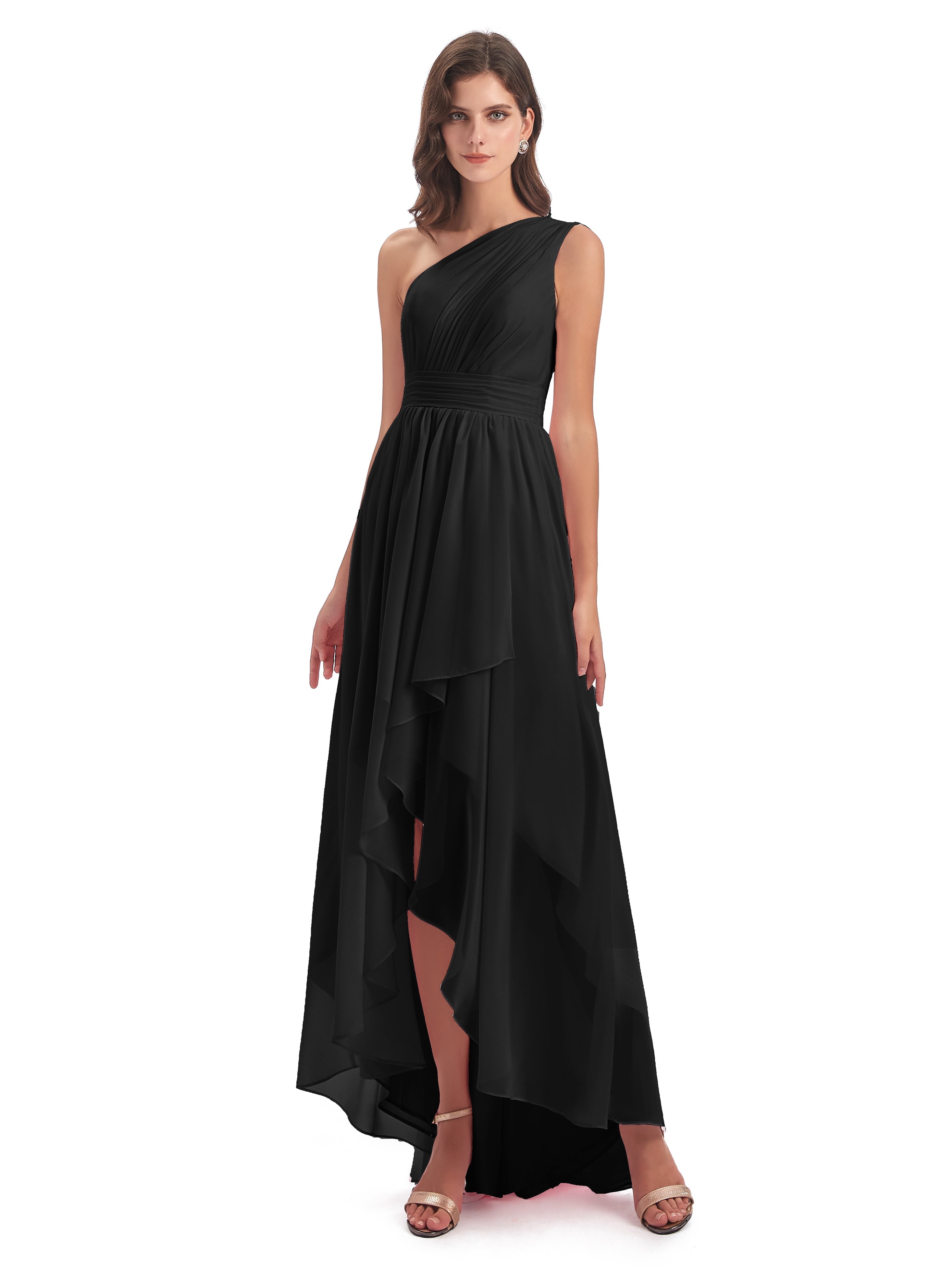 Robe Noire Demoiselle D Honneur Asymétrique Seule-Épaule Mousseline Robes Demoiselle D'Honneur