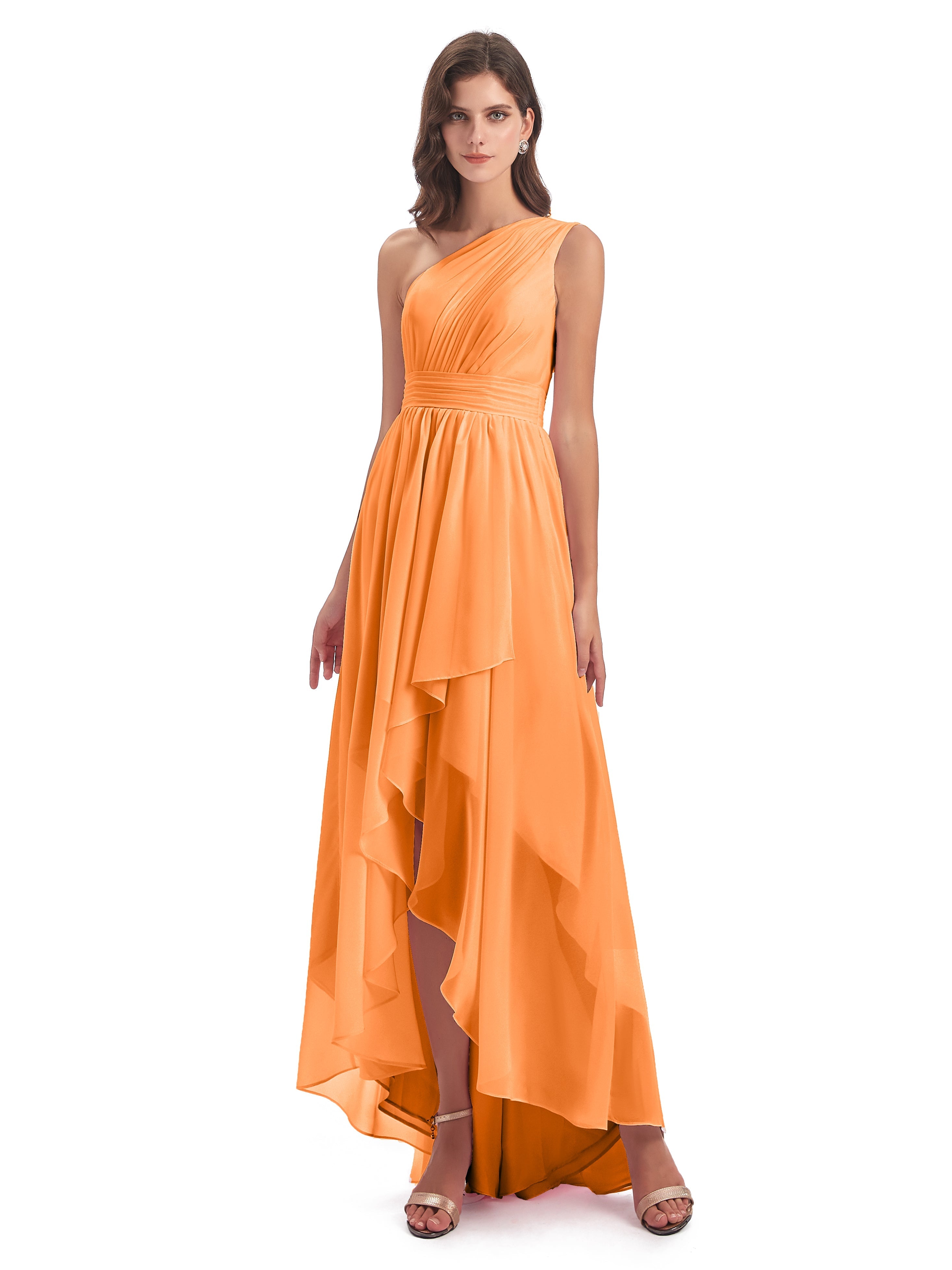 Robe Demoiselle D Honneur Orange Vif Asymétrique Seule-Épaule Mousseline Robes Demoiselle D'Honneur