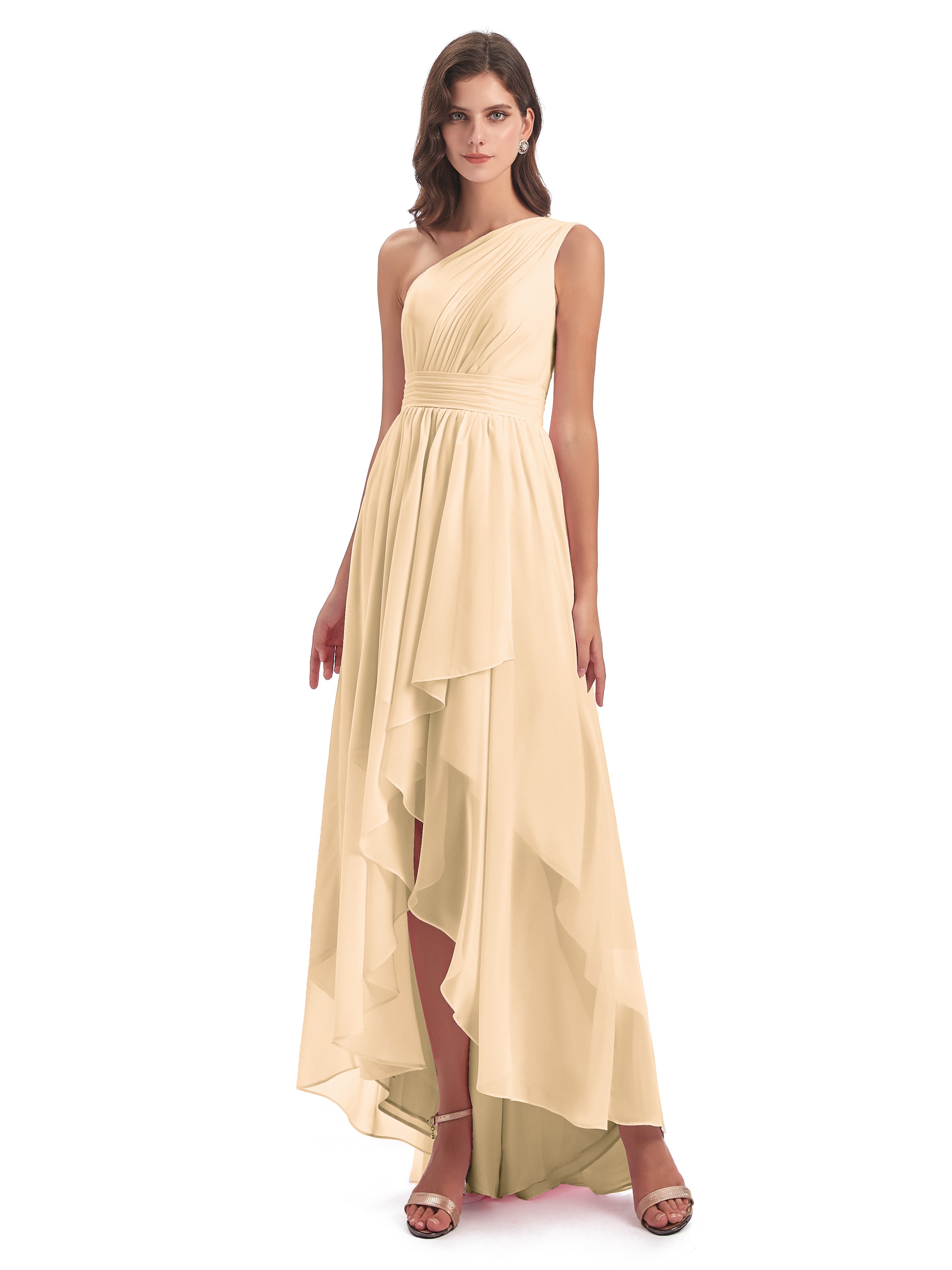 Robe De Demoiselle D Honneur Peche Asymétrique Seule-Épaule Mousseline Robes Demoiselle D'Honneur