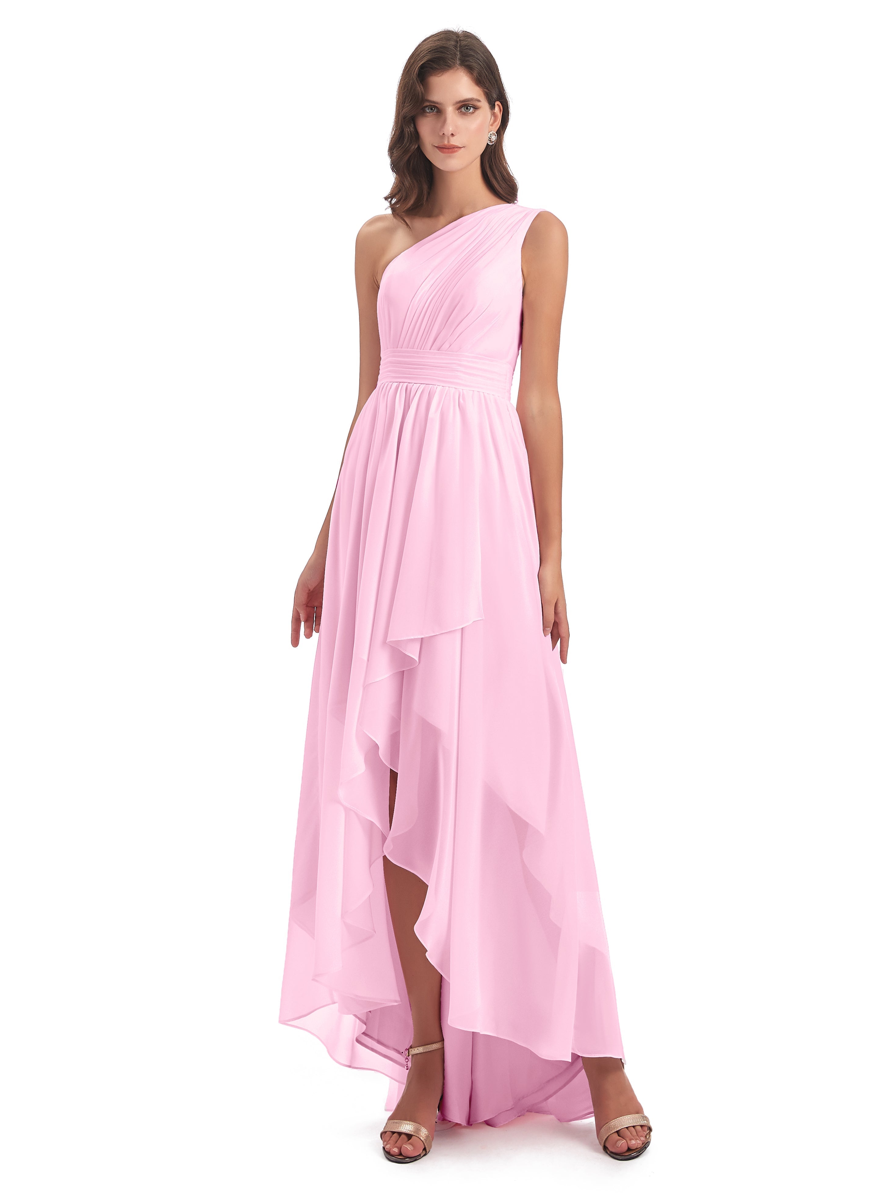 Robes De Demoiselle D'Honneur Rose Bonbon Asymétrique Seule-Épaule Mousseline Robes Demoiselle D'Honneur