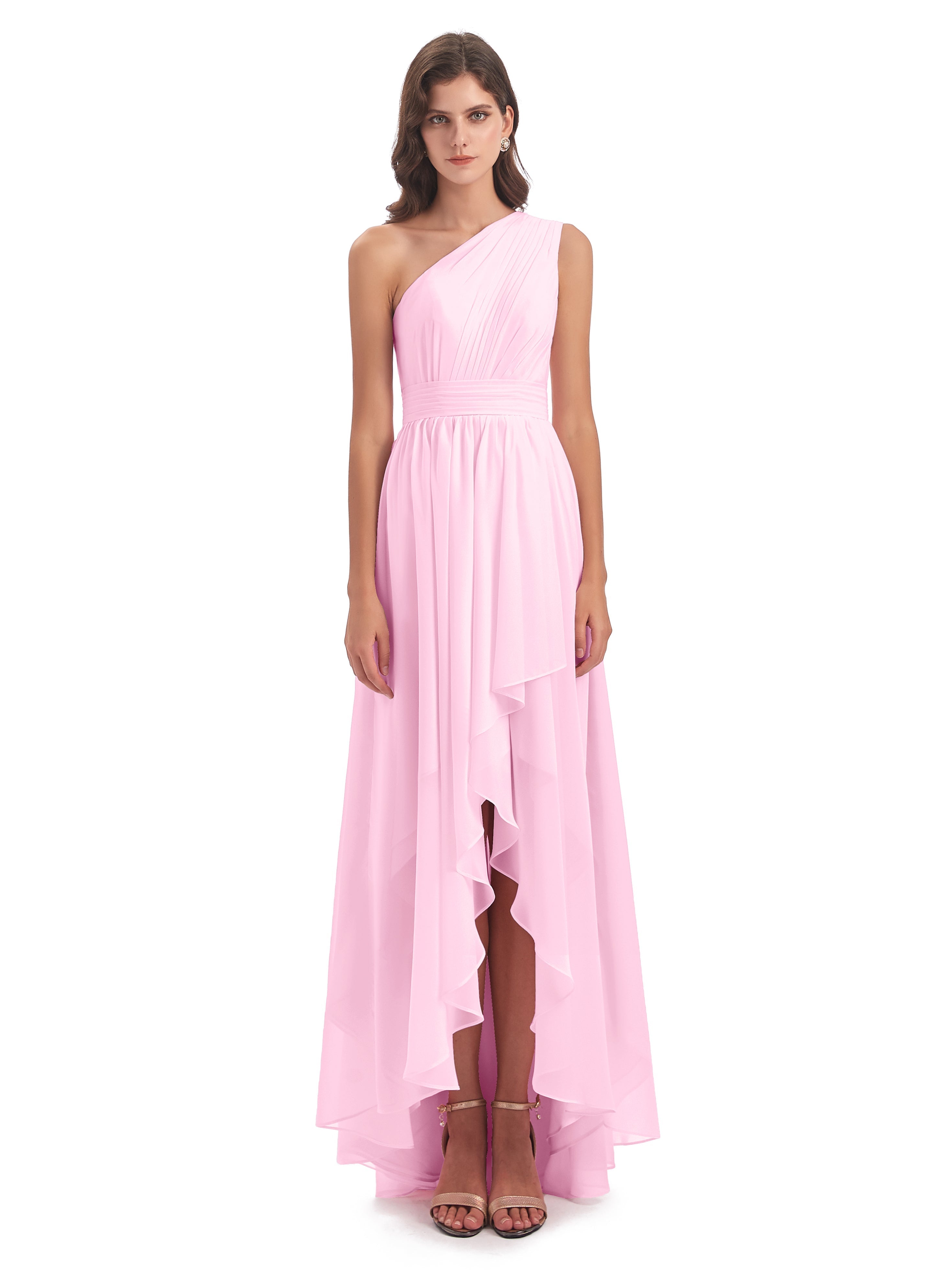 Robes De Demoiselle D'Honneur Rose Bonbon Asymétrique Seule-Épaule Mousseline Robes Demoiselle D'Honneur