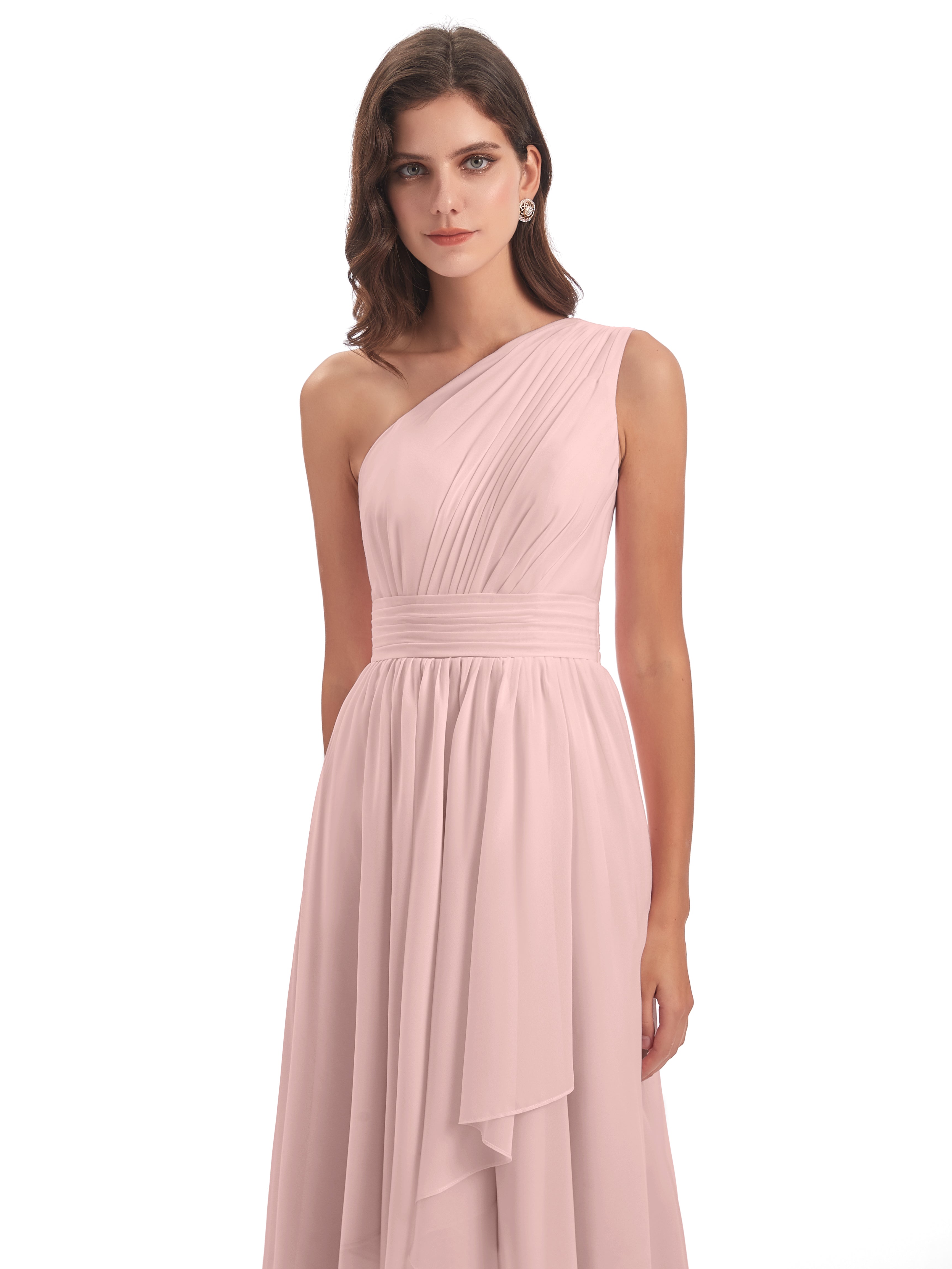 Robe Rose Poudré Demoiselle D Honneur Asymétrique Seule-Épaule Mousseline Robes Demoiselle D'Honneur