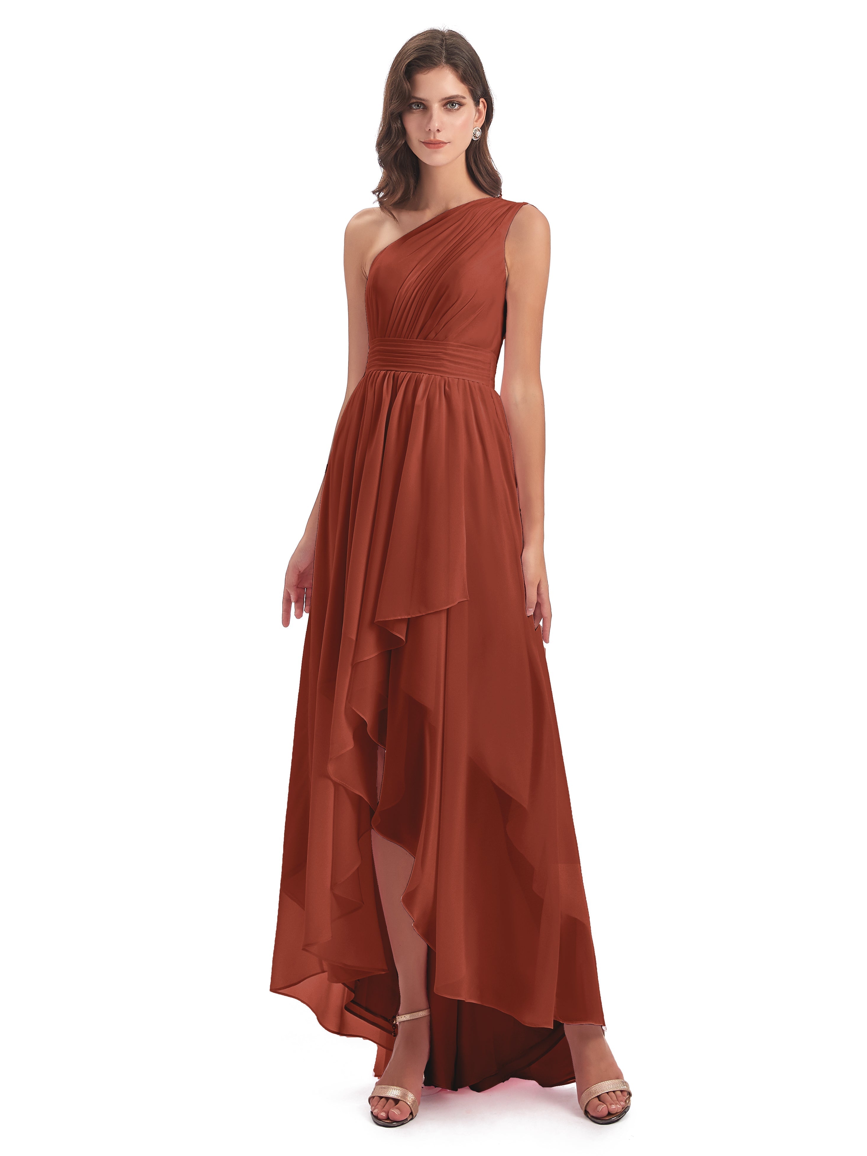 Robes De Demoiselle D'Honneur En Mousseline De Rouille Asymétrique Seule-Épaule Mousseline Robes Demoiselle D'Honneur