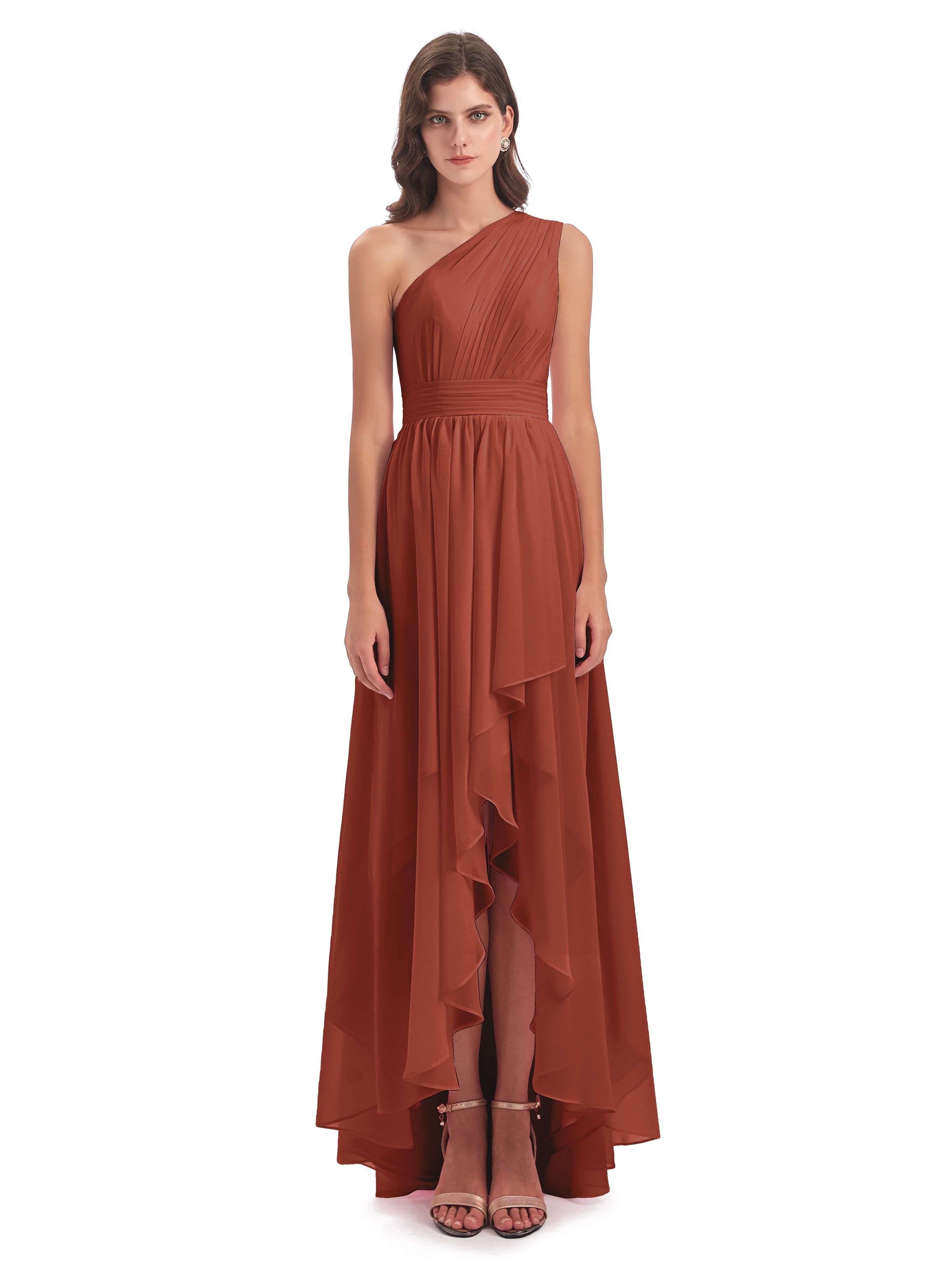 Robes De Demoiselle D'Honneur En Mousseline De Rouille Asymétrique Seule-Épaule Mousseline Robes Demoiselle D'Honneur