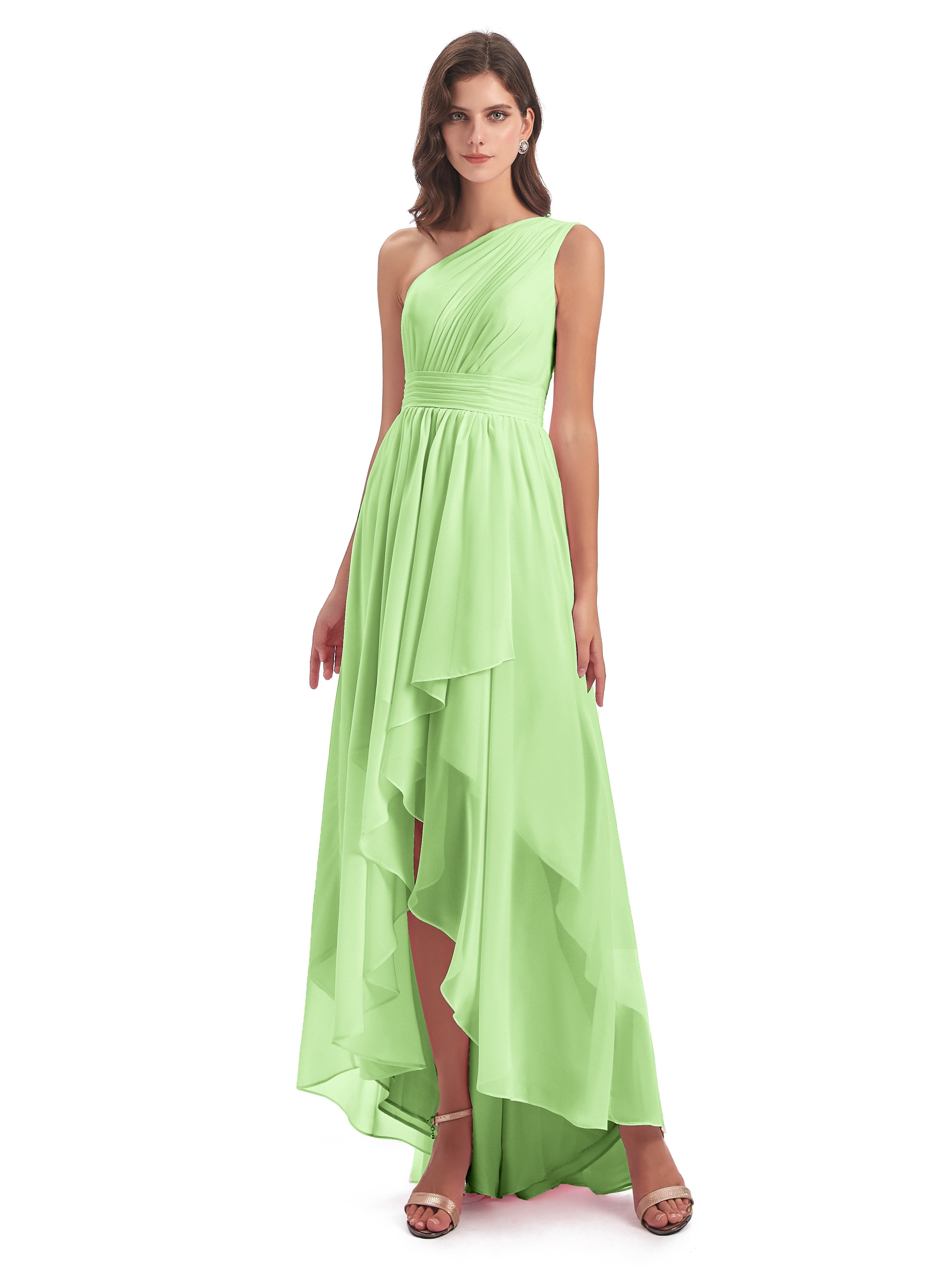 Robe Demoiselle D Honneur Sauge Asymétrique Seule-Épaule Mousseline Robes Demoiselle D'Honneur