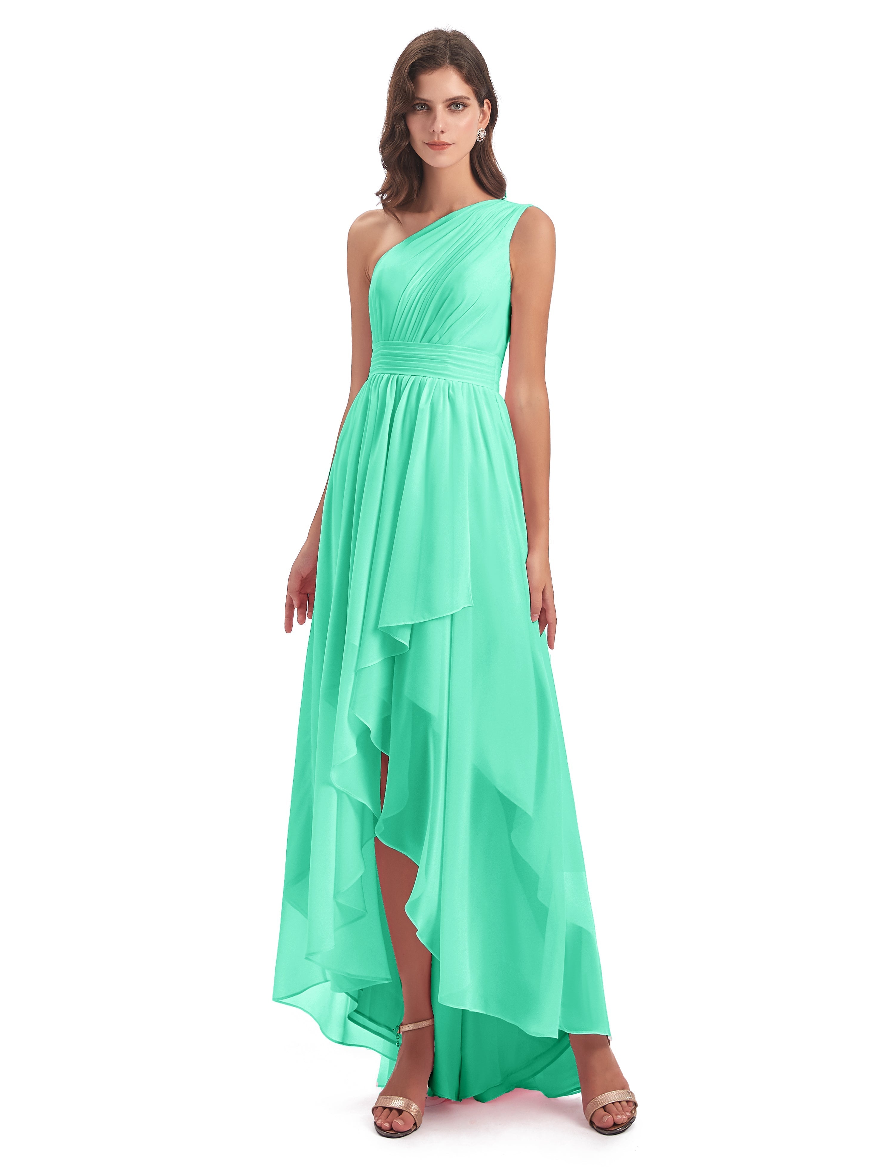 Demoiselle Dhonneur Robe Bleu Turquoise Asymétrique Seule-Épaule Mousseline Robes Demoiselle D'Honneur