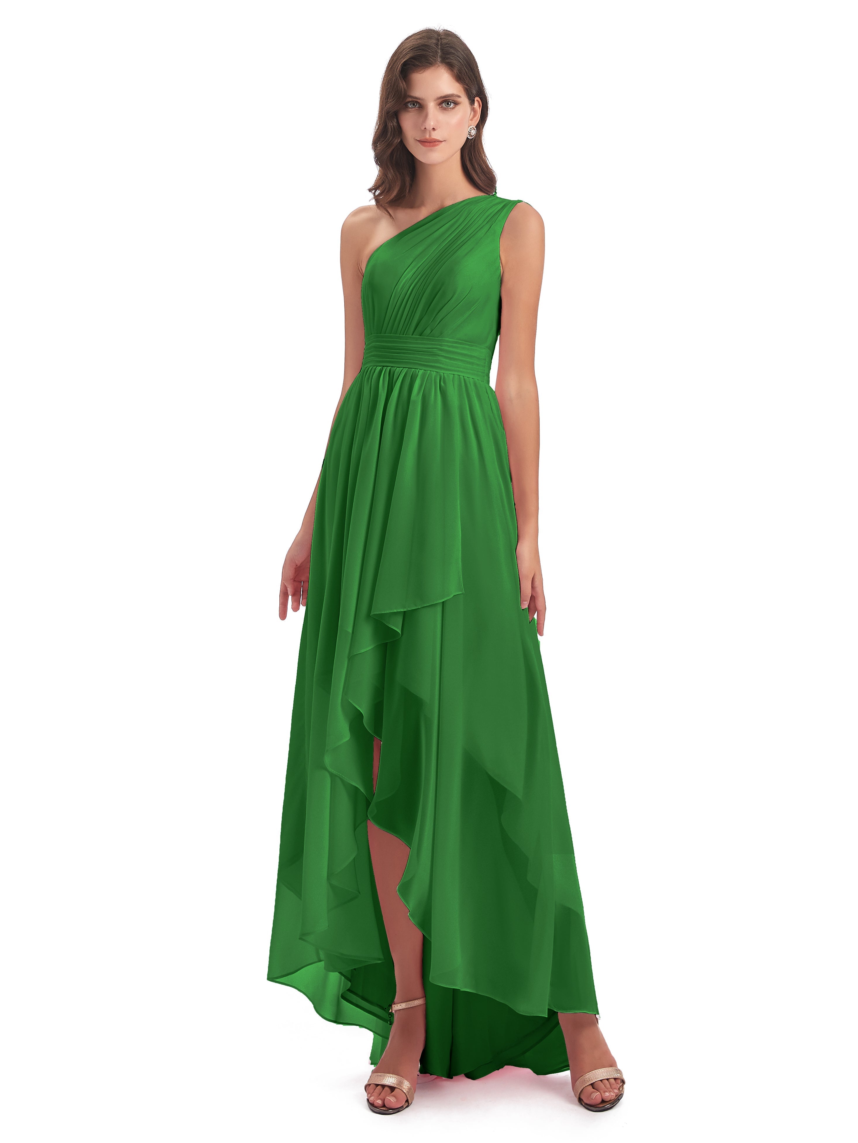 Robe Verte Demoiselle D Honneur Asymétrique Seule-Épaule Mousseline Robes Demoiselle D'Honneur