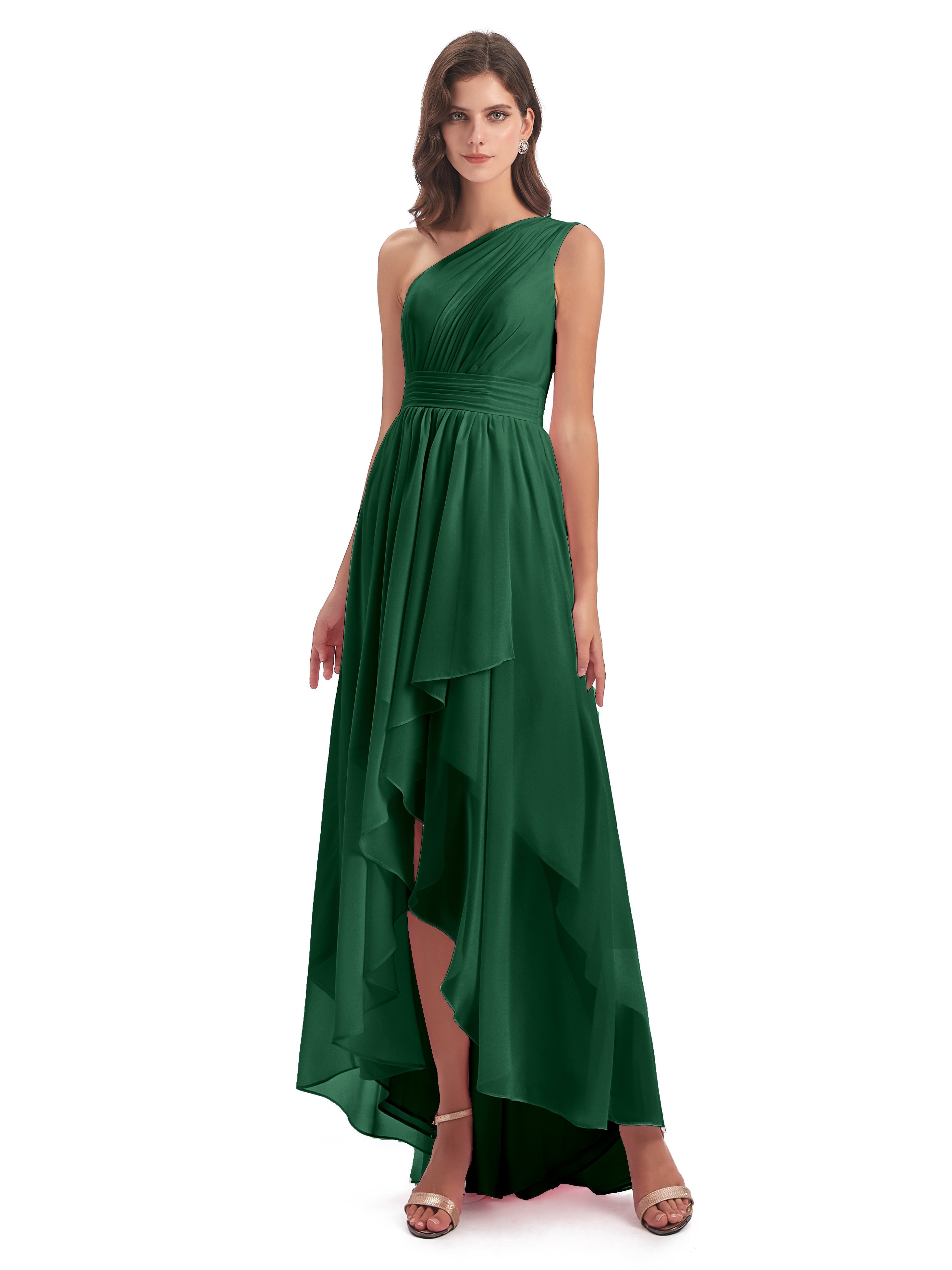 Demoiselle D'Honneur Vert Foncé Asymétrique Seule-Épaule Mousseline Robes Demoiselle D'Honneur