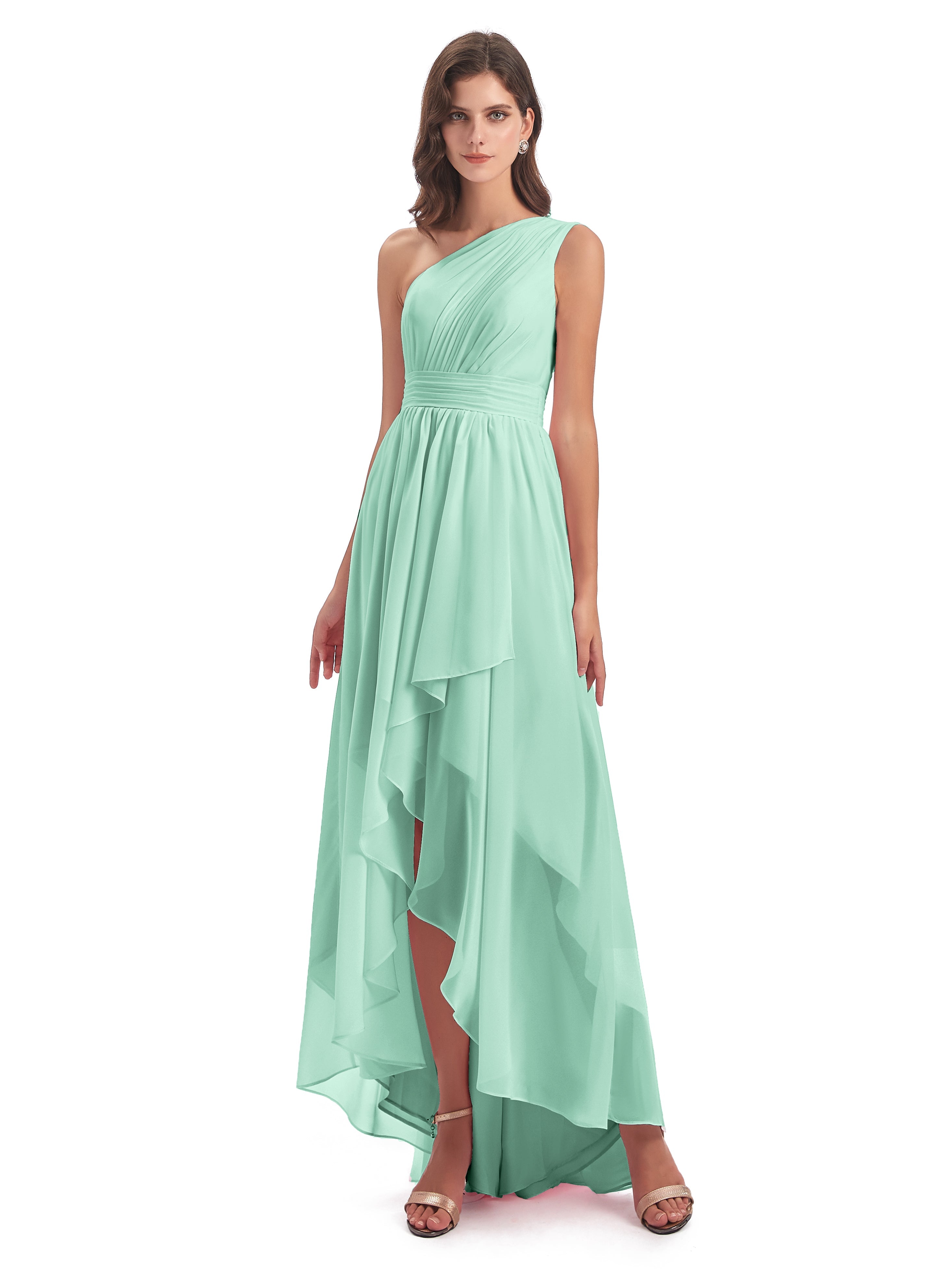Robe Vert Menthe Demoiselle D Honneur Asymétrique Seule-Épaule Mousseline Robes Demoiselle D'Honneur