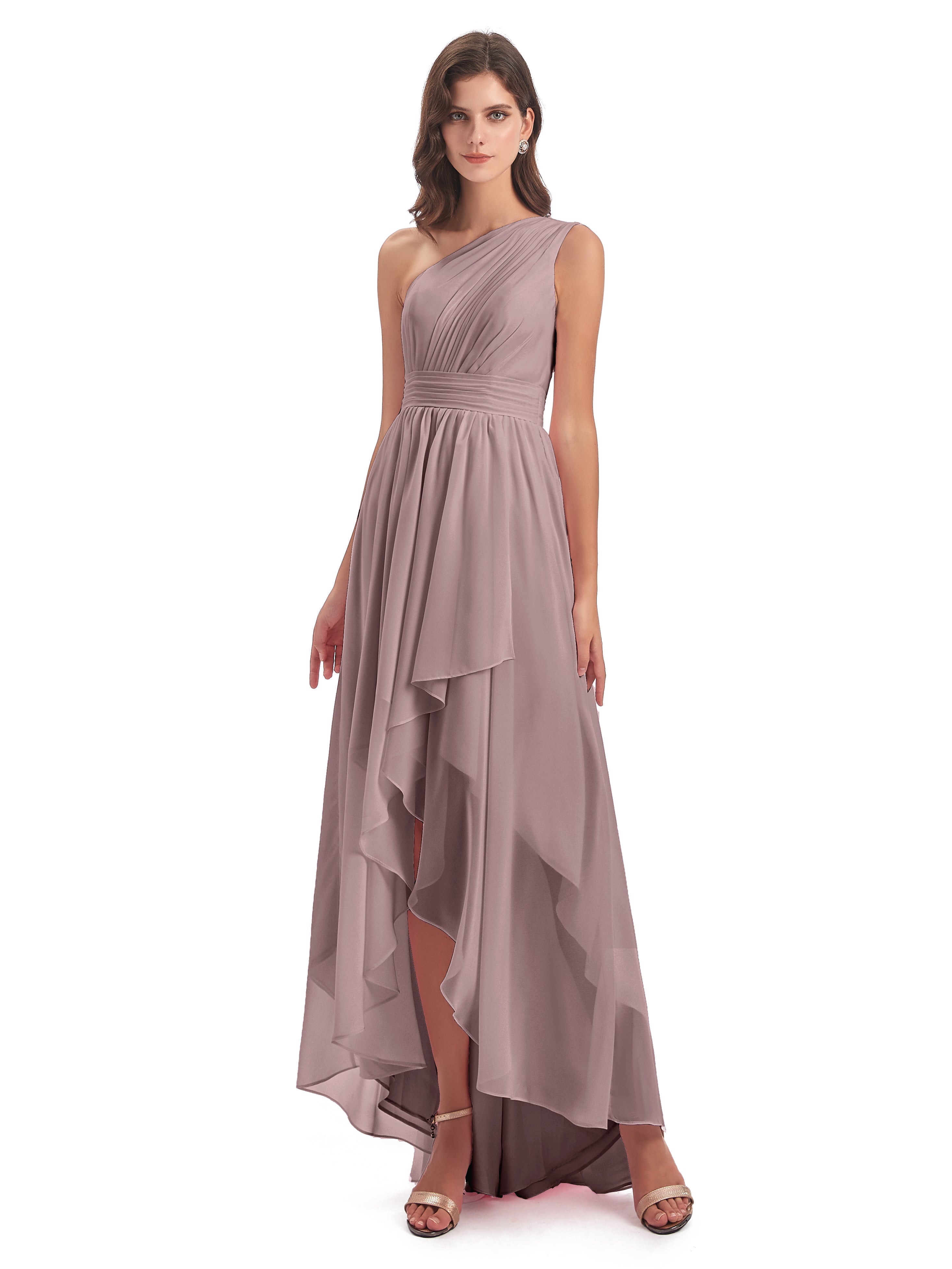 Robes De Demoiselle D'Honneur Vintage Mauve Asymétrique Seule-Épaule Mousseline Robes Demoiselle D'Honneur