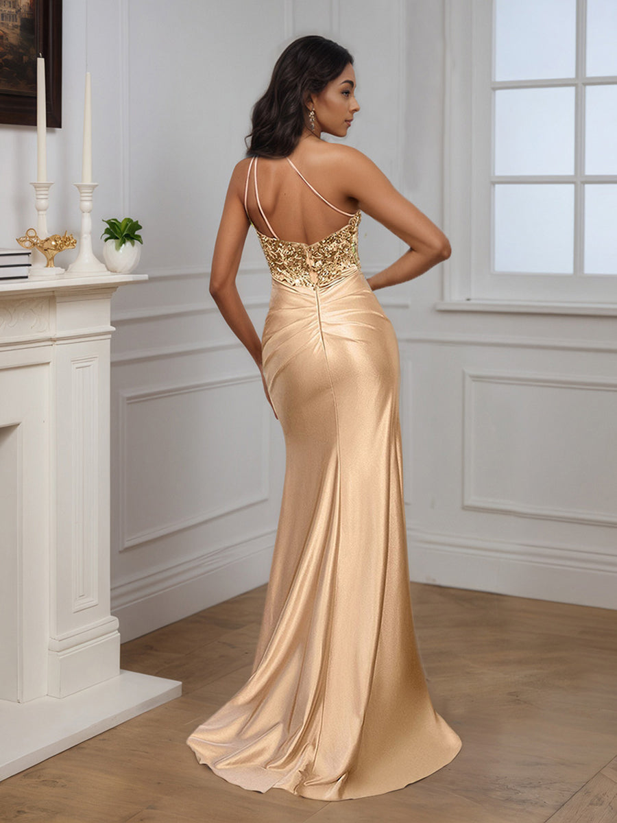 Cicinia Champagne Robe de Soirée Longue Seule Épaule Perlé sans Manches Fente Latérale