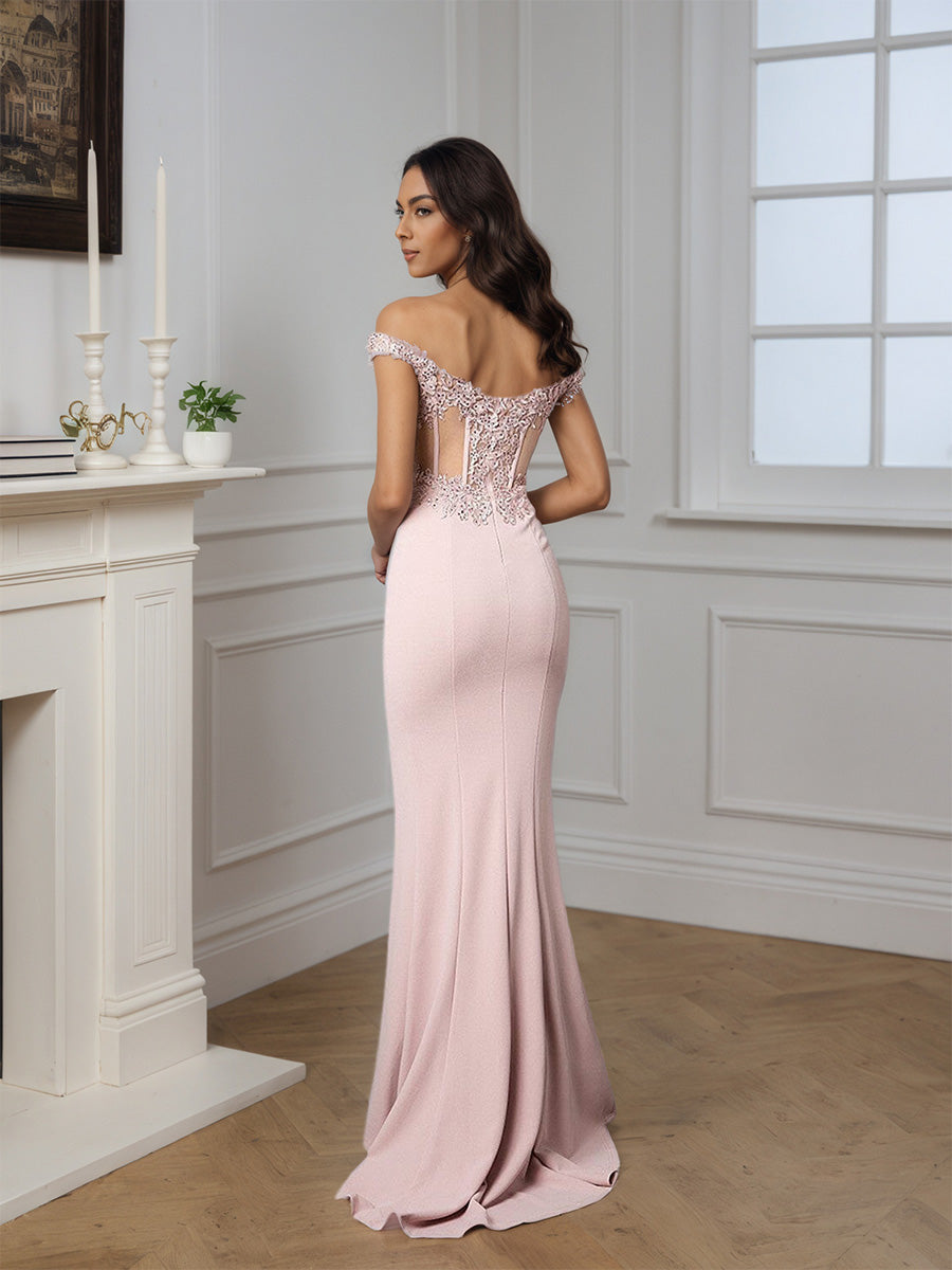Cicinia ROSE PALE Robe de Soirée Longue en Dentelle Perlé Épaules Dénudées Fente Charmante