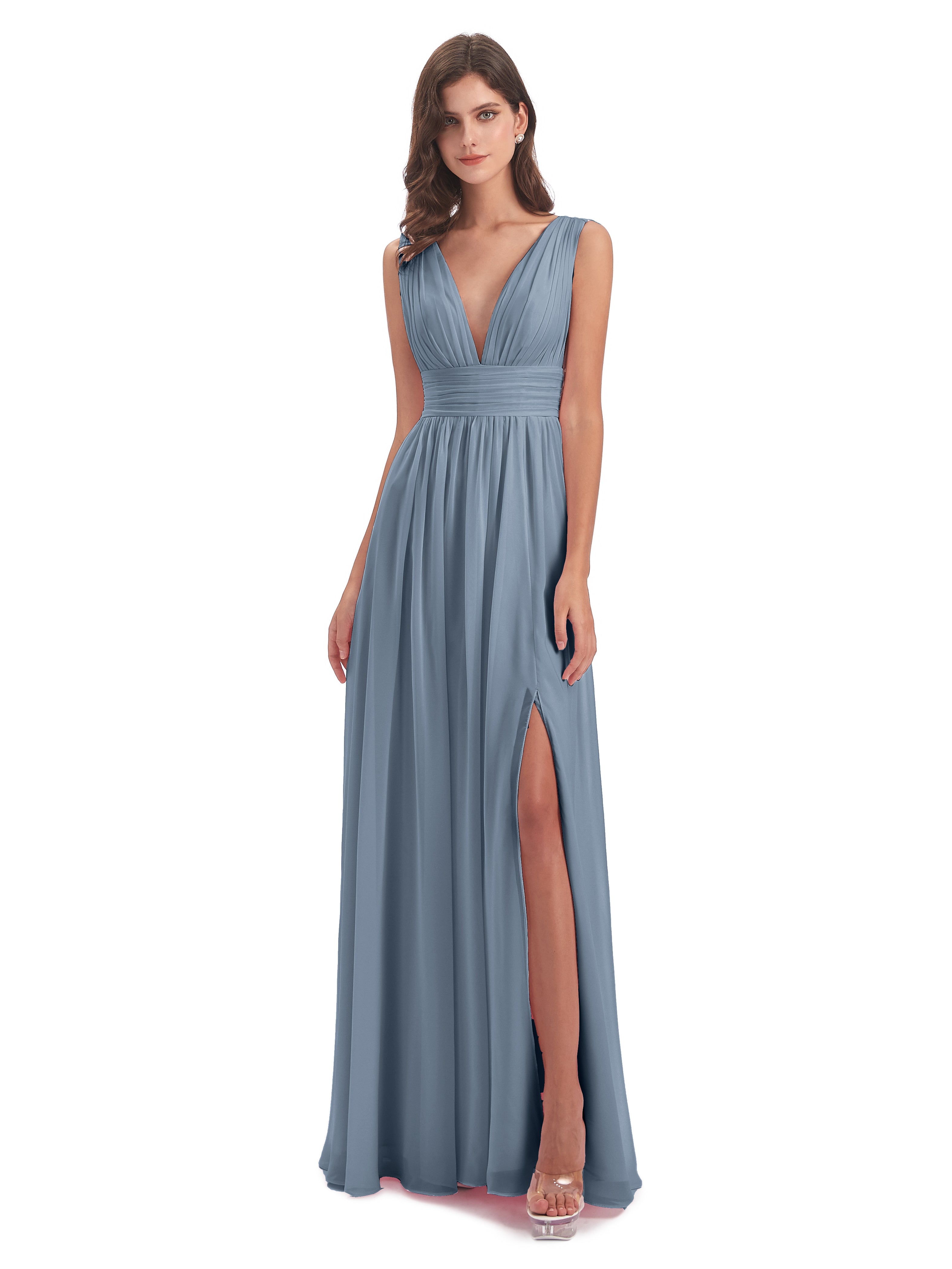 Robe Demoiselle D Honneur Bleu Poussiereux Emma Dos En V Fendue Devant Robes Demoiselle D'Honneur
