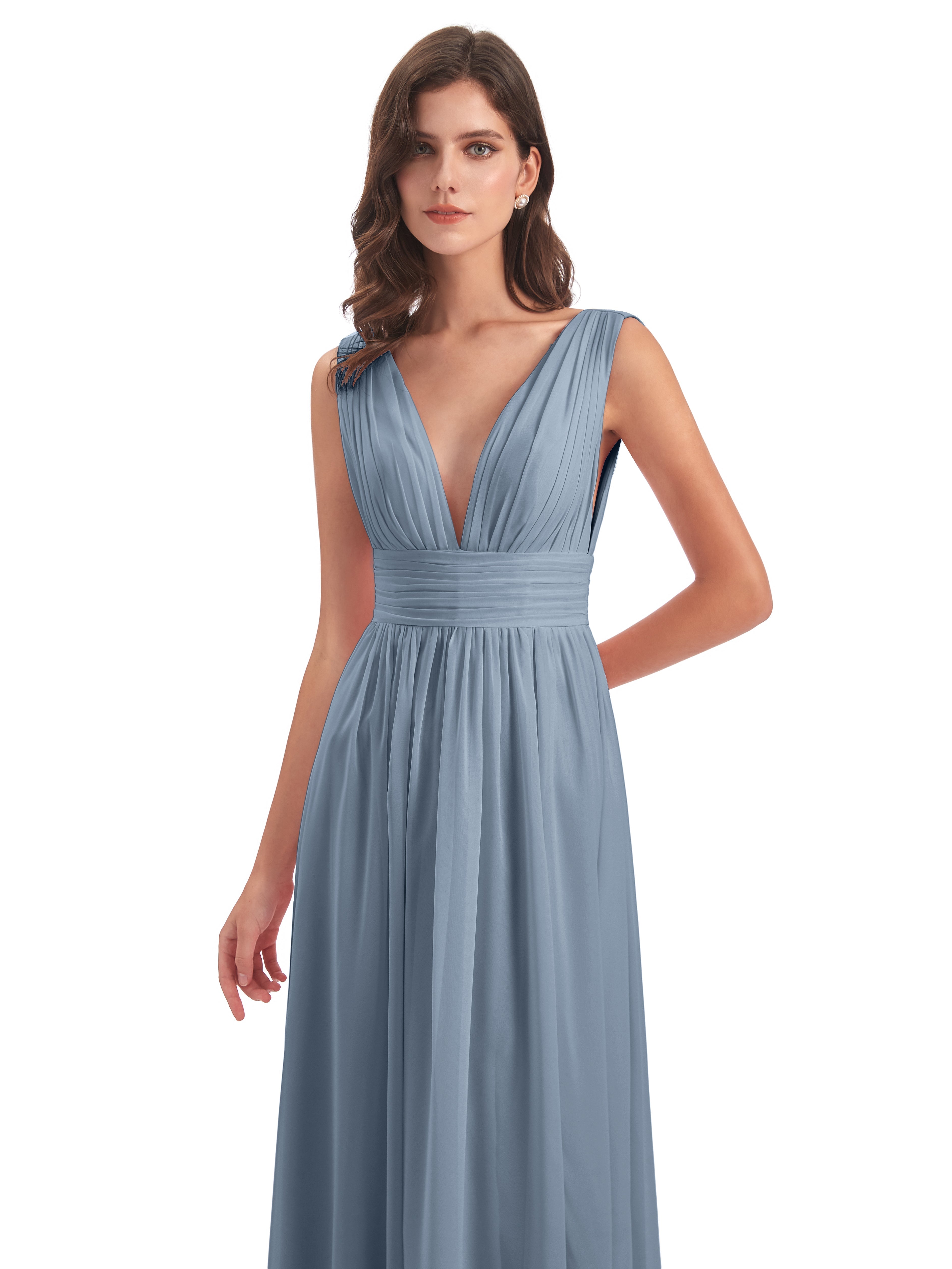 Robe Demoiselle D Honneur Bleu Poussiereux Emma Dos En V Fendue Devant Robes Demoiselle D'Honneur