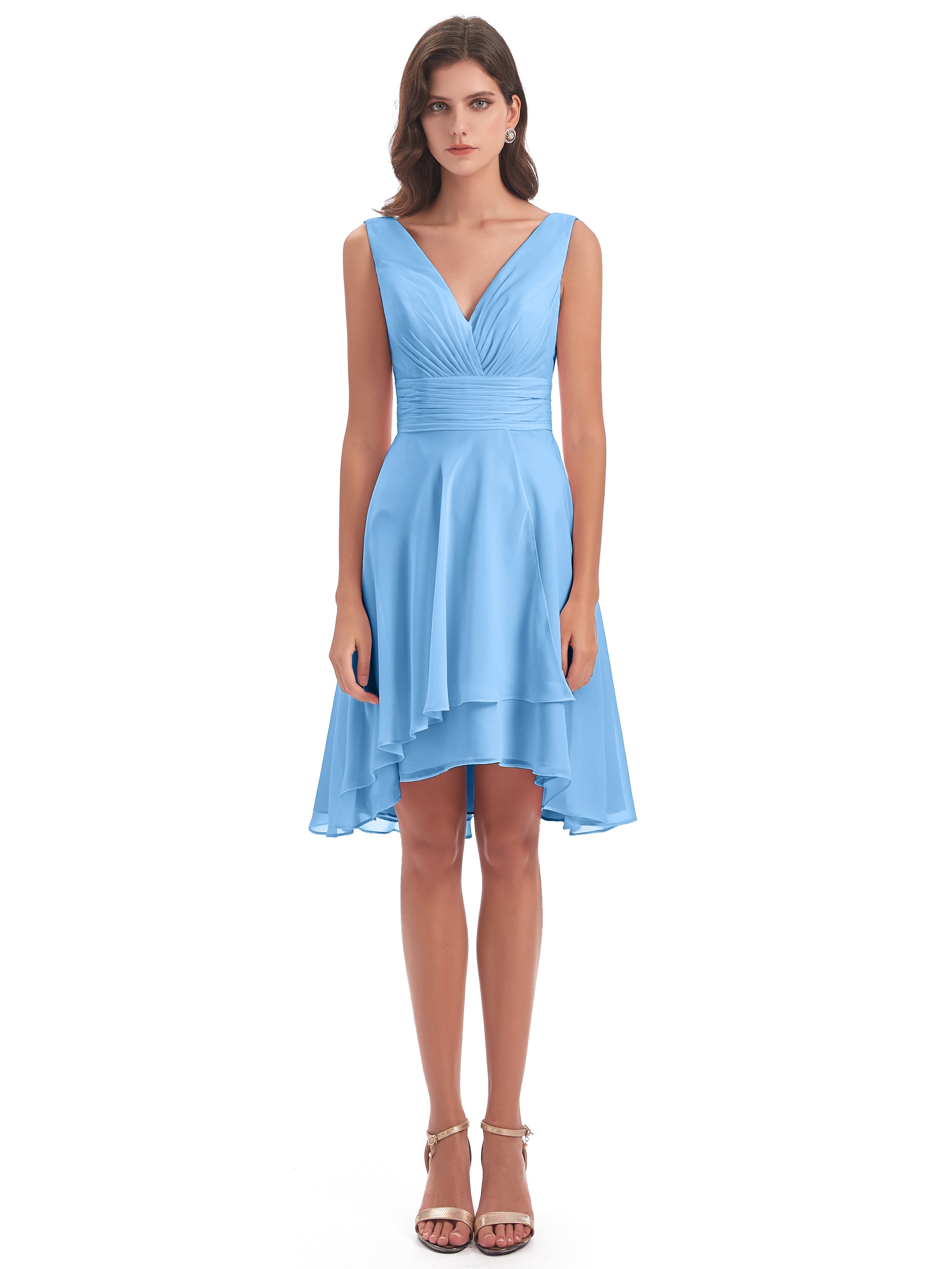 Robes De Demoiselle D'Honneur Bleu Clair Haute Basse Col V Robes Demoiselle D'Honneur