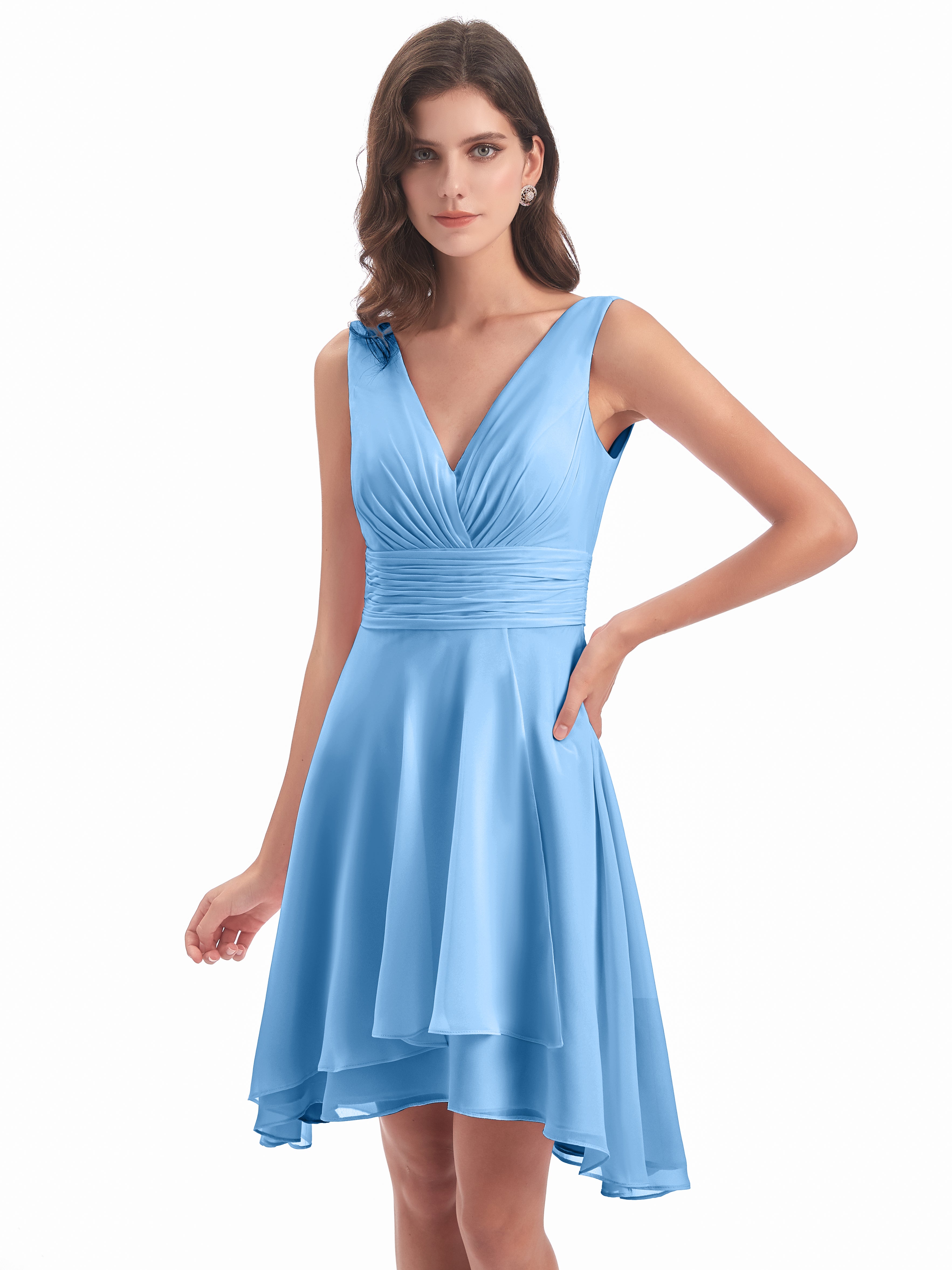 Robes De Demoiselle D'Honneur Bleu Clair Haute Basse Col V Robes Demoiselle D'Honneur