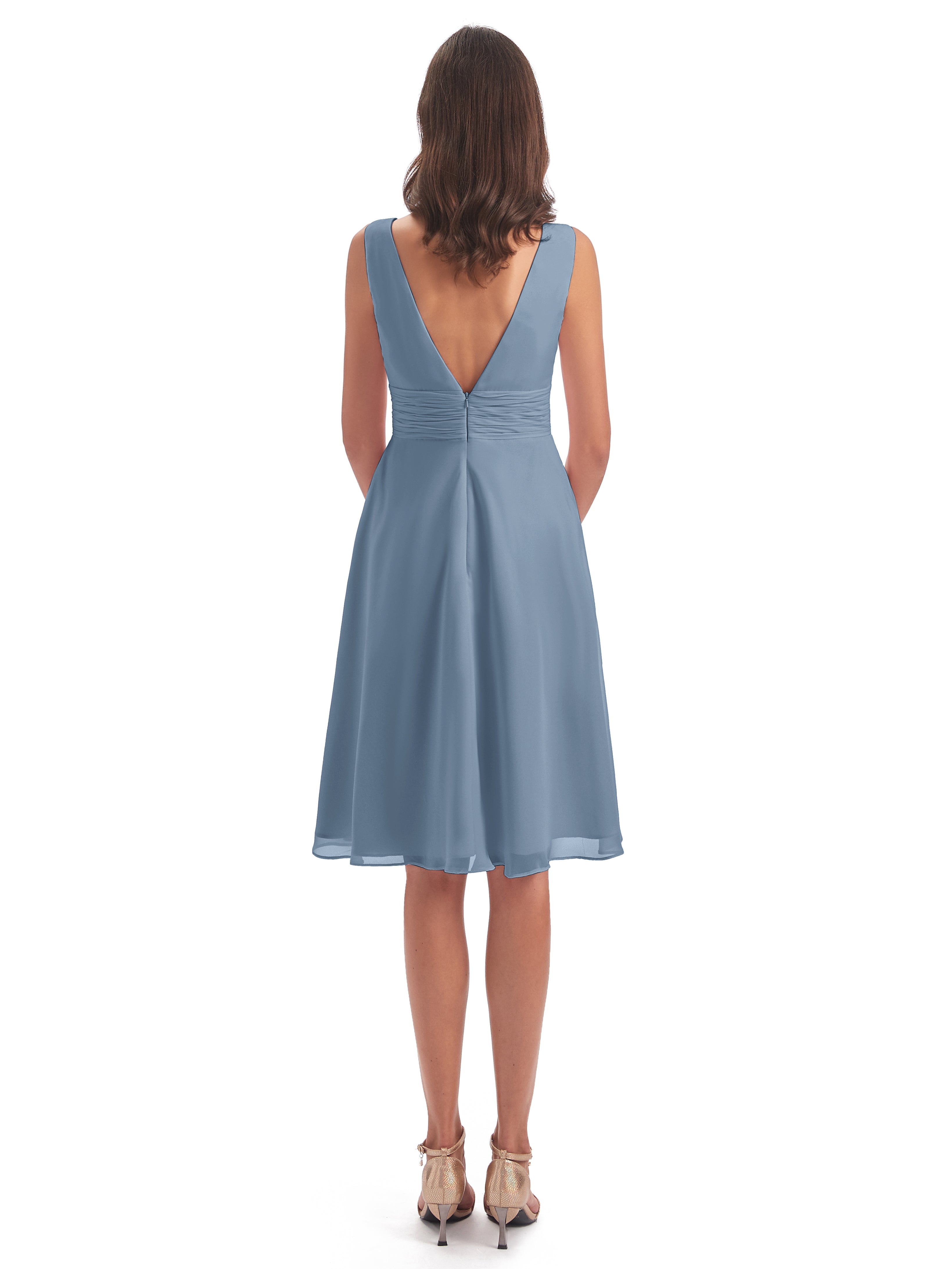 Robes De Demoiselle D'Honneur Bleu De Schiste Haute Basse Col V Robes Demoiselle D'Honneur