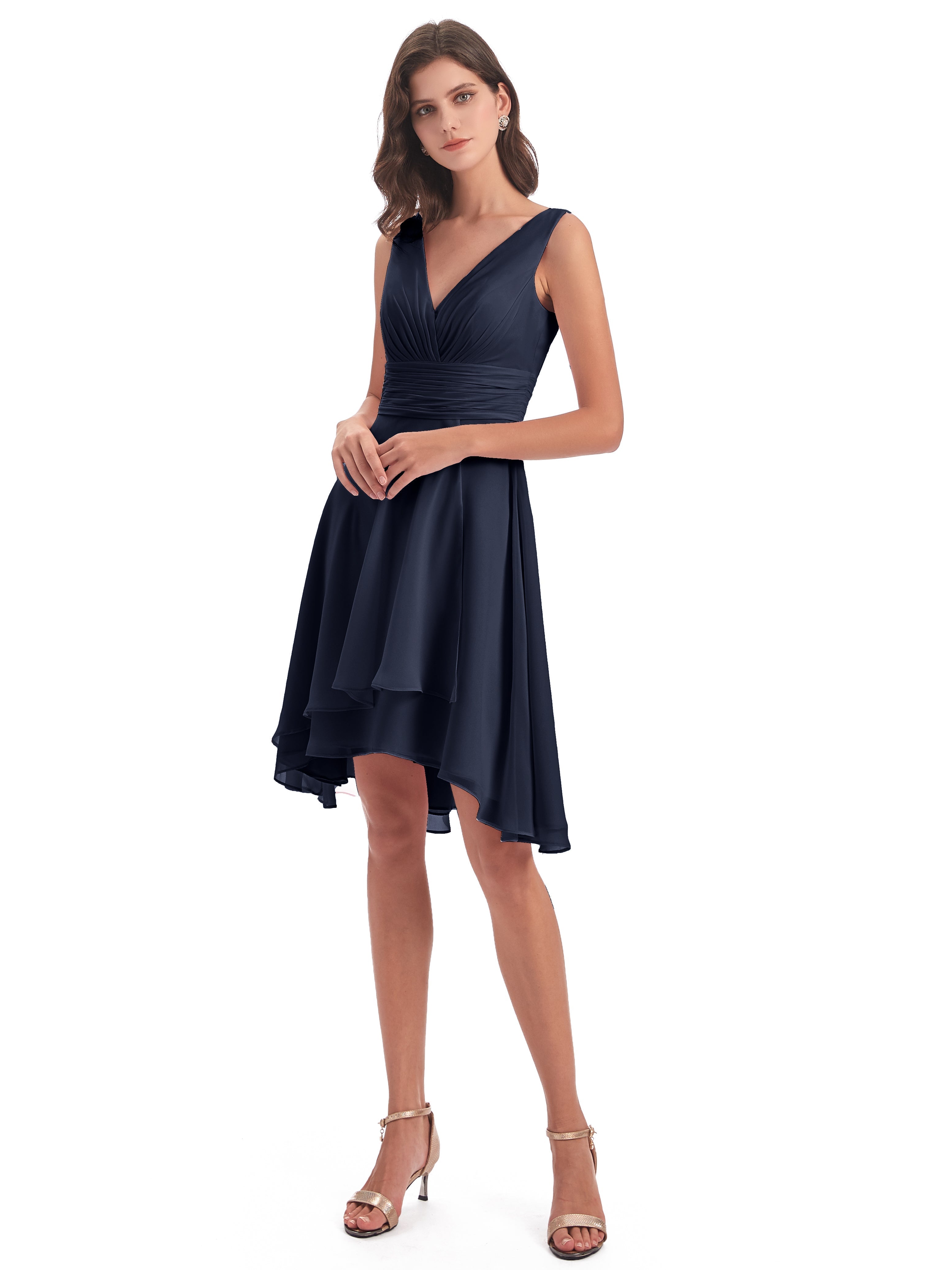 Demoiselle D'Honneur Bleu Marine Haute Basse Col V Robes Demoiselle D'Honneur
