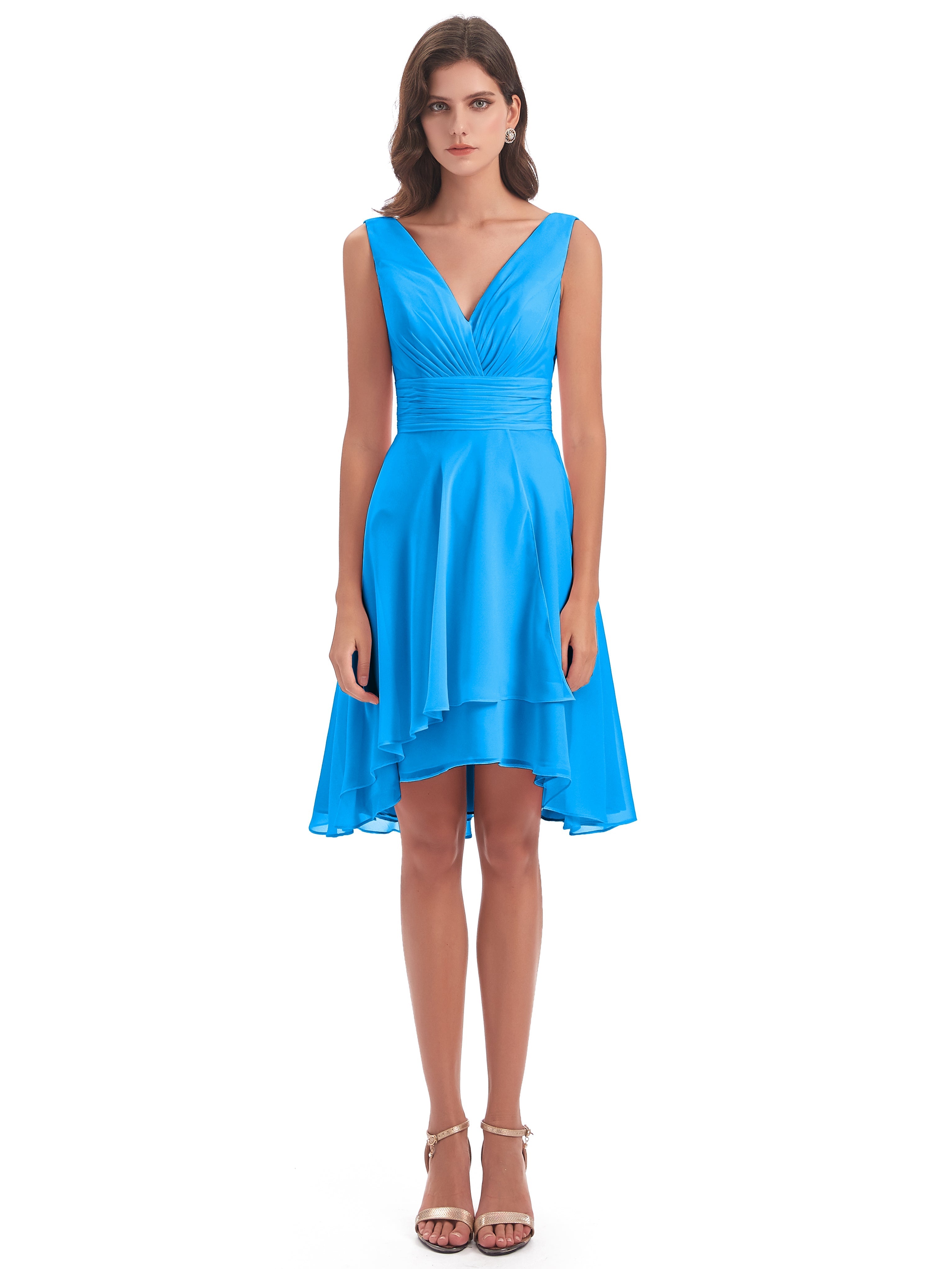 Robes De Demoiselle D'Honneur Bleu Océan Haute Basse Col V Robes Demoiselle D'Honneur