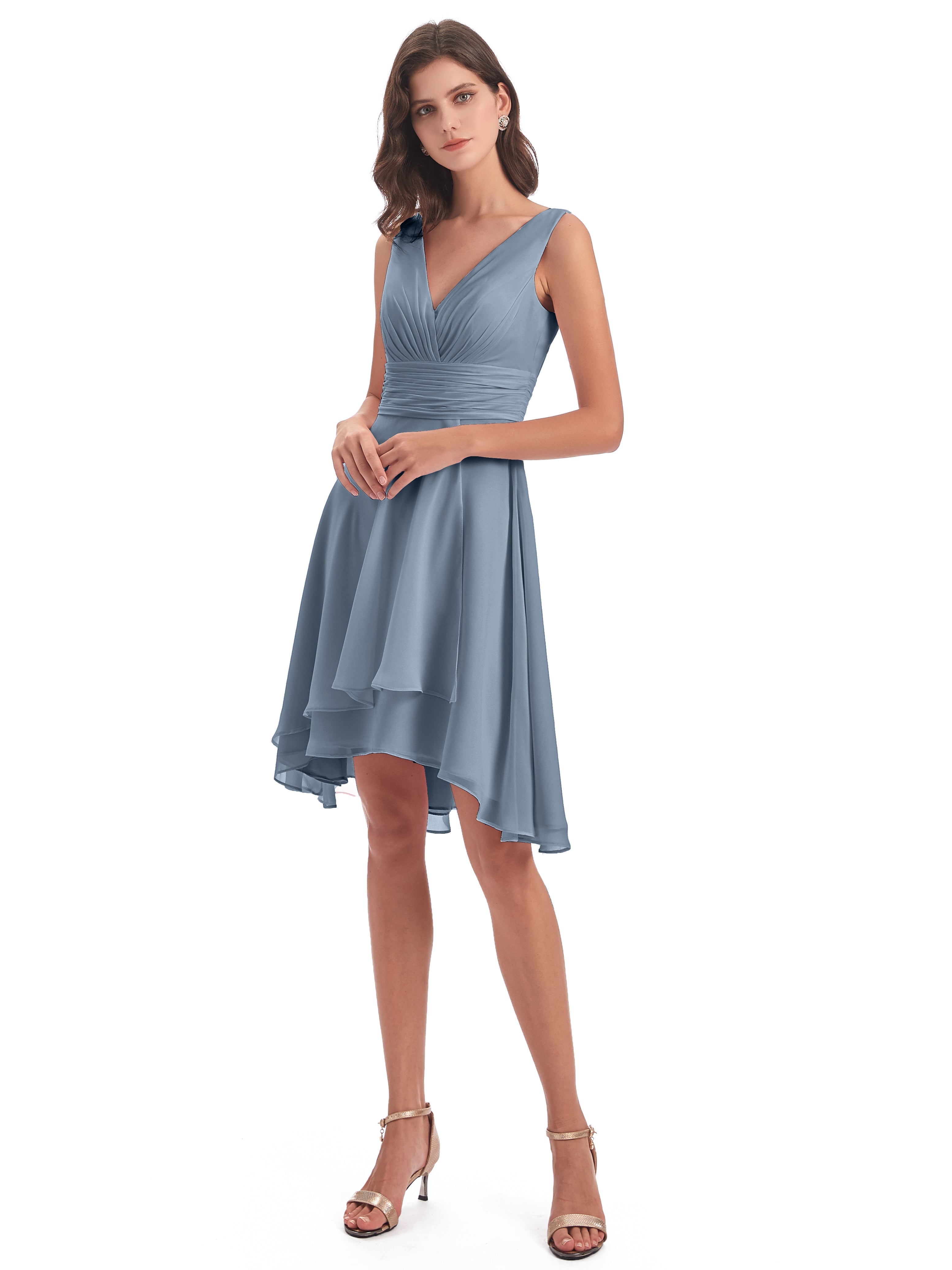 Robes De Demoiselle D'Honneur Bleu Poussiéreux Haute Basse Col V Robes Demoiselle D'Honneur