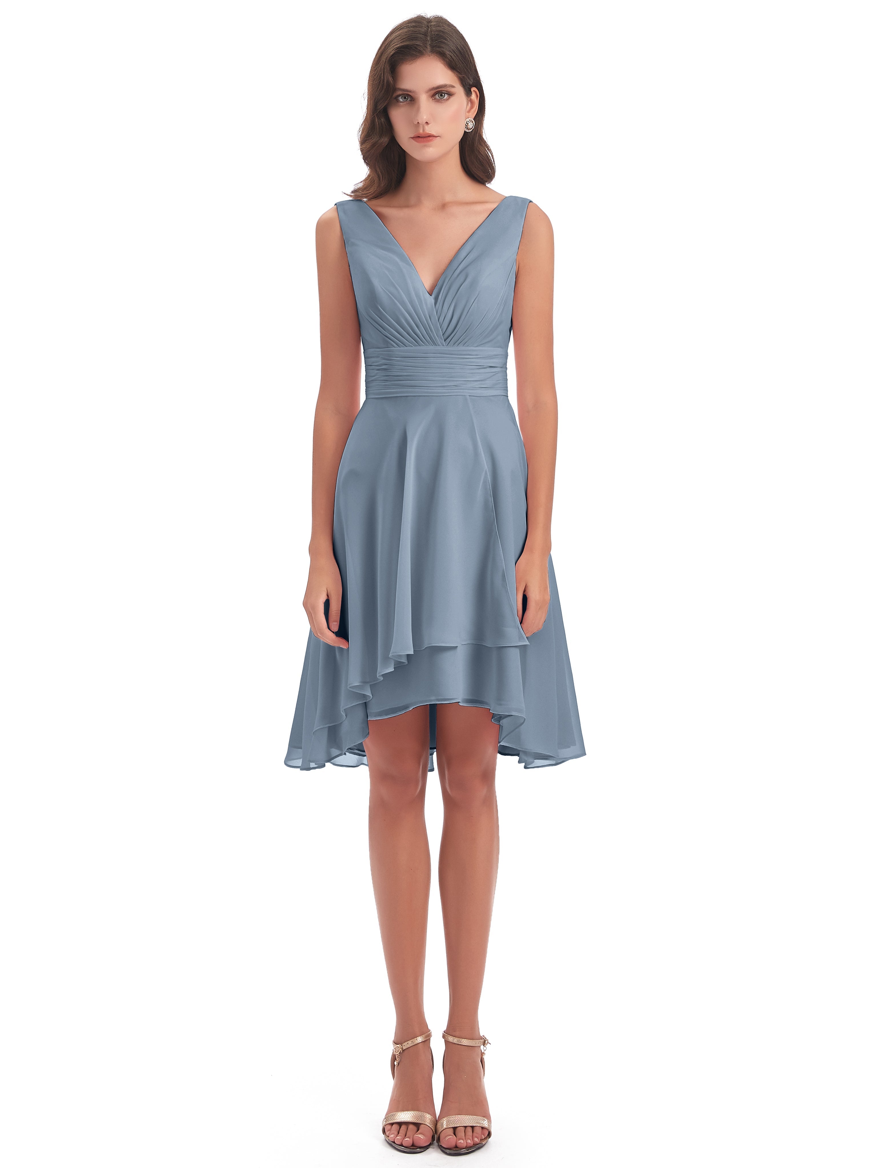 Robes De Demoiselle D'Honneur Bleu Poussiéreux Haute Basse Col V Robes Demoiselle D'Honneur