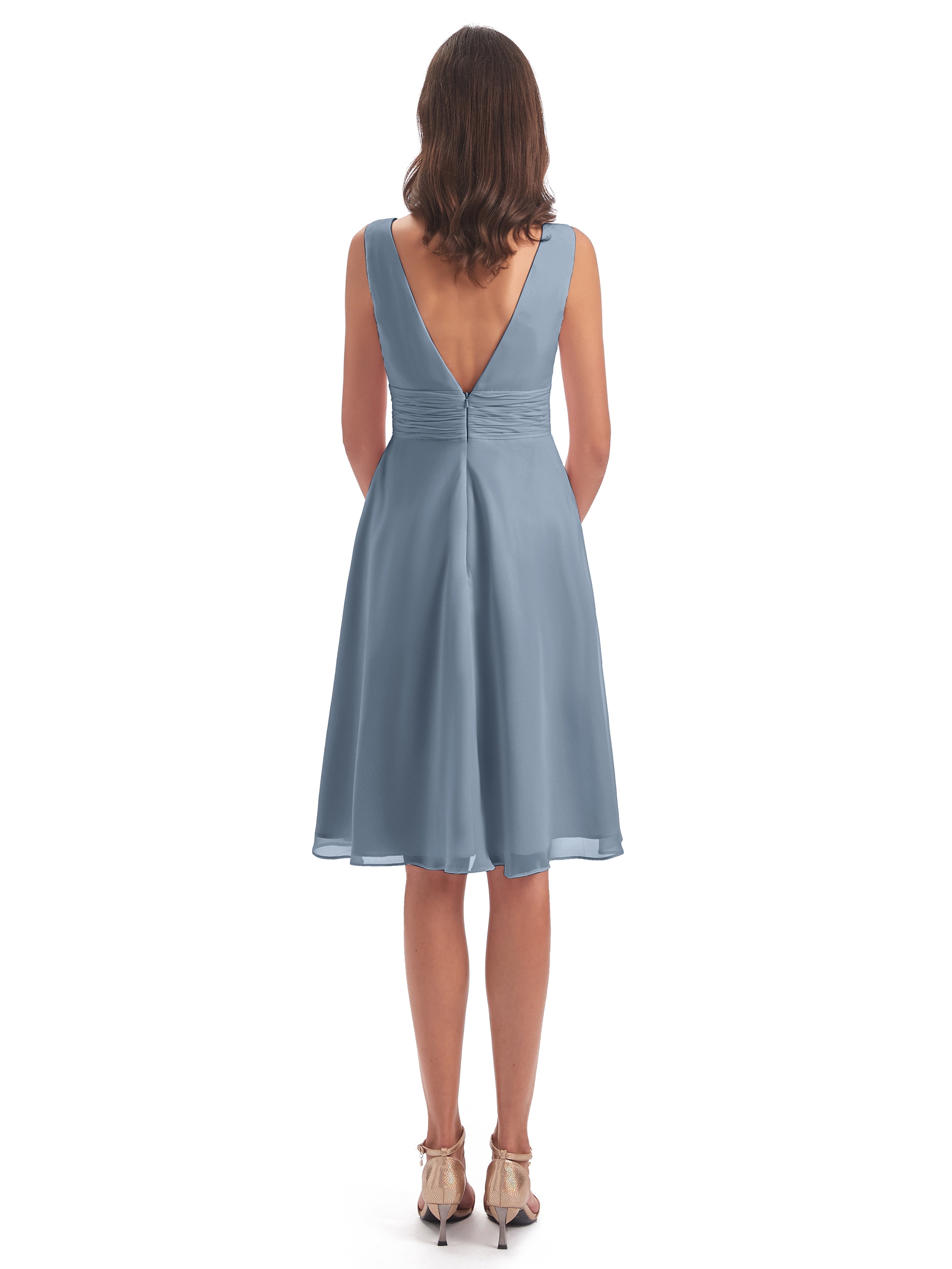 Robes De Demoiselle D'Honneur Bleu Poussiéreux Haute Basse Col V Robes Demoiselle D'Honneur