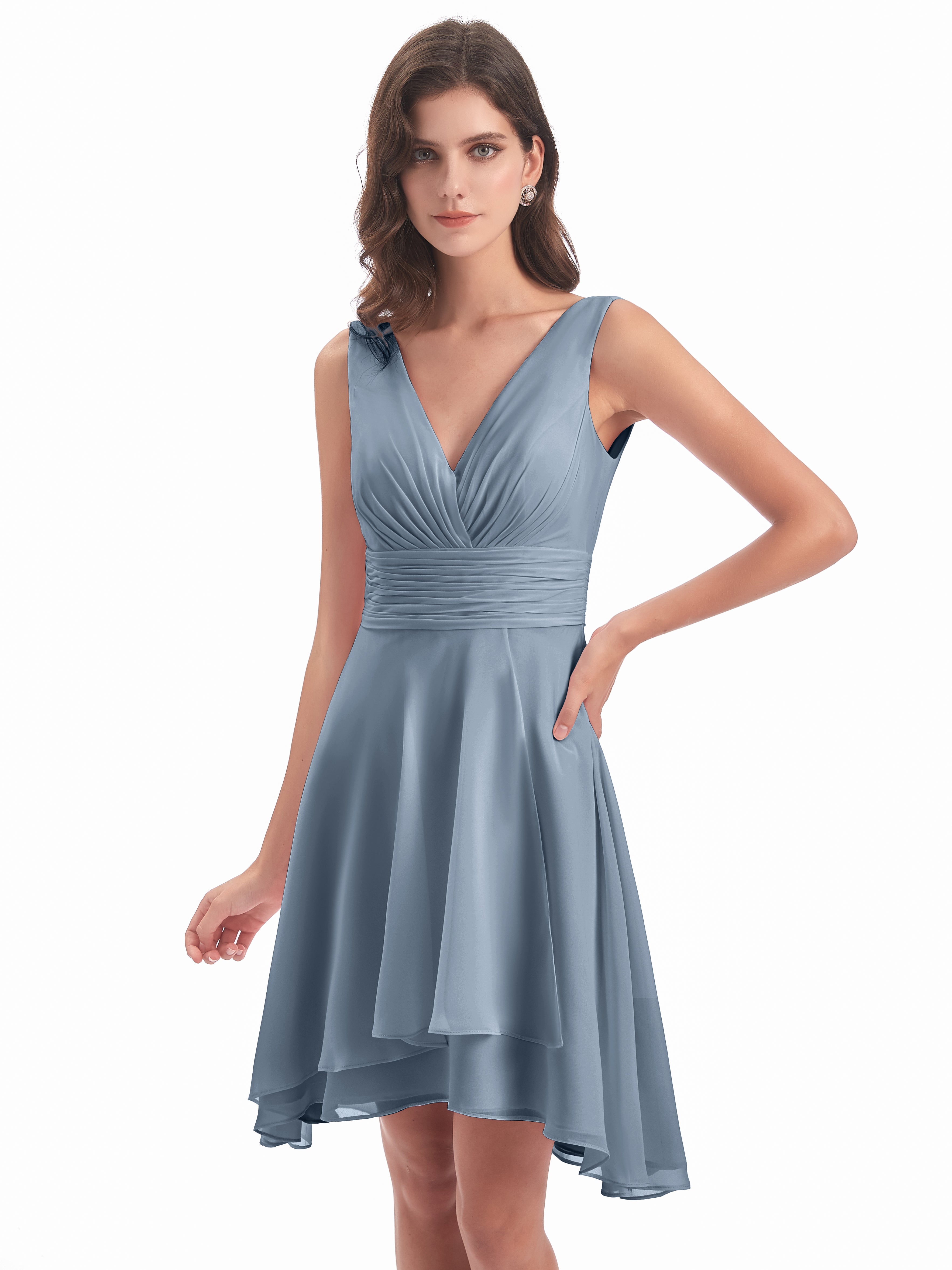 Robes De Demoiselle D'Honneur Bleu Poussiéreux Haute Basse Col V Robes Demoiselle D'Honneur