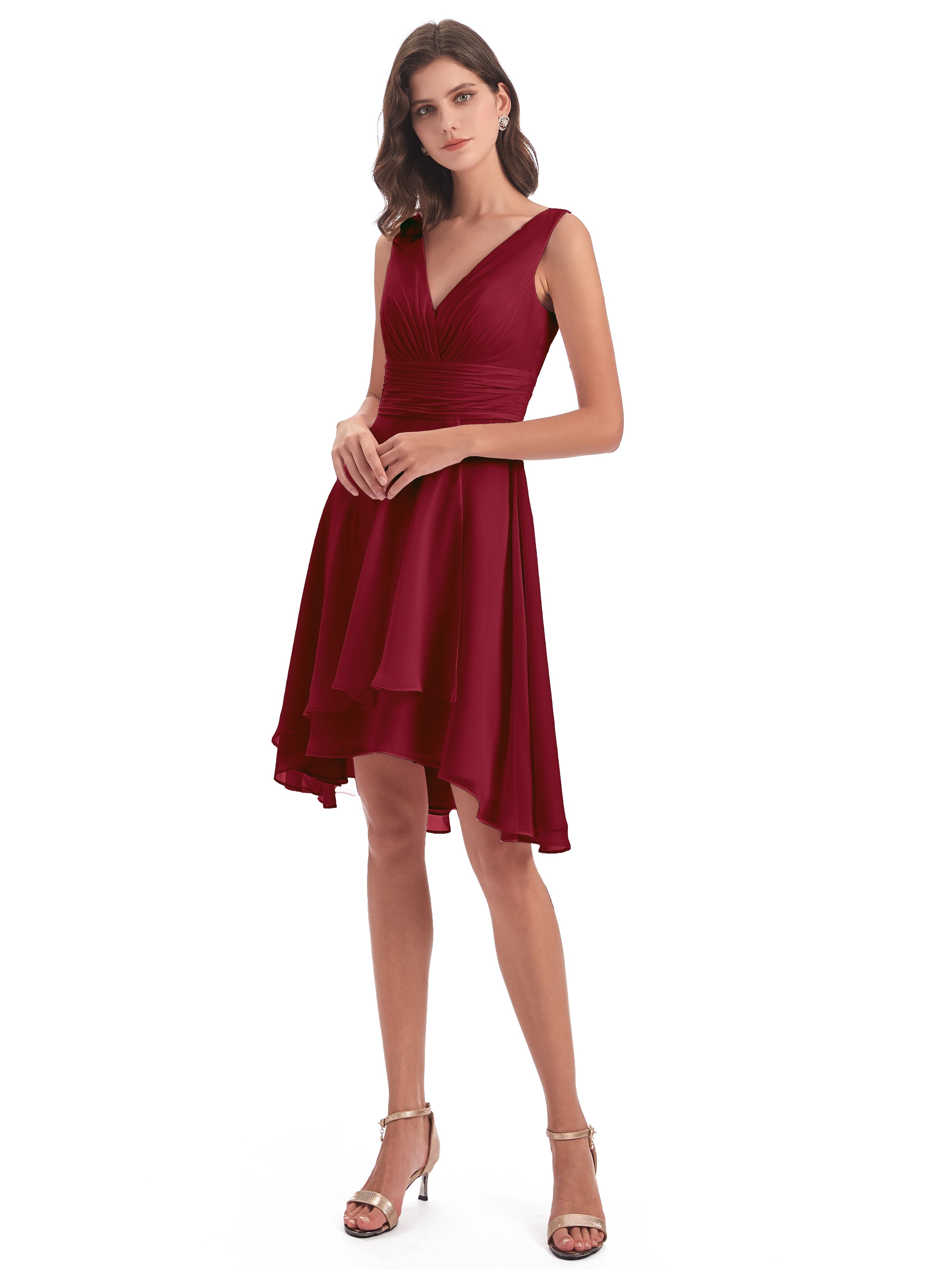 Robes De Demoiselle D'Honneur Rouge Bordeaux Haute Basse Col V Robes Demoiselle D'Honneur