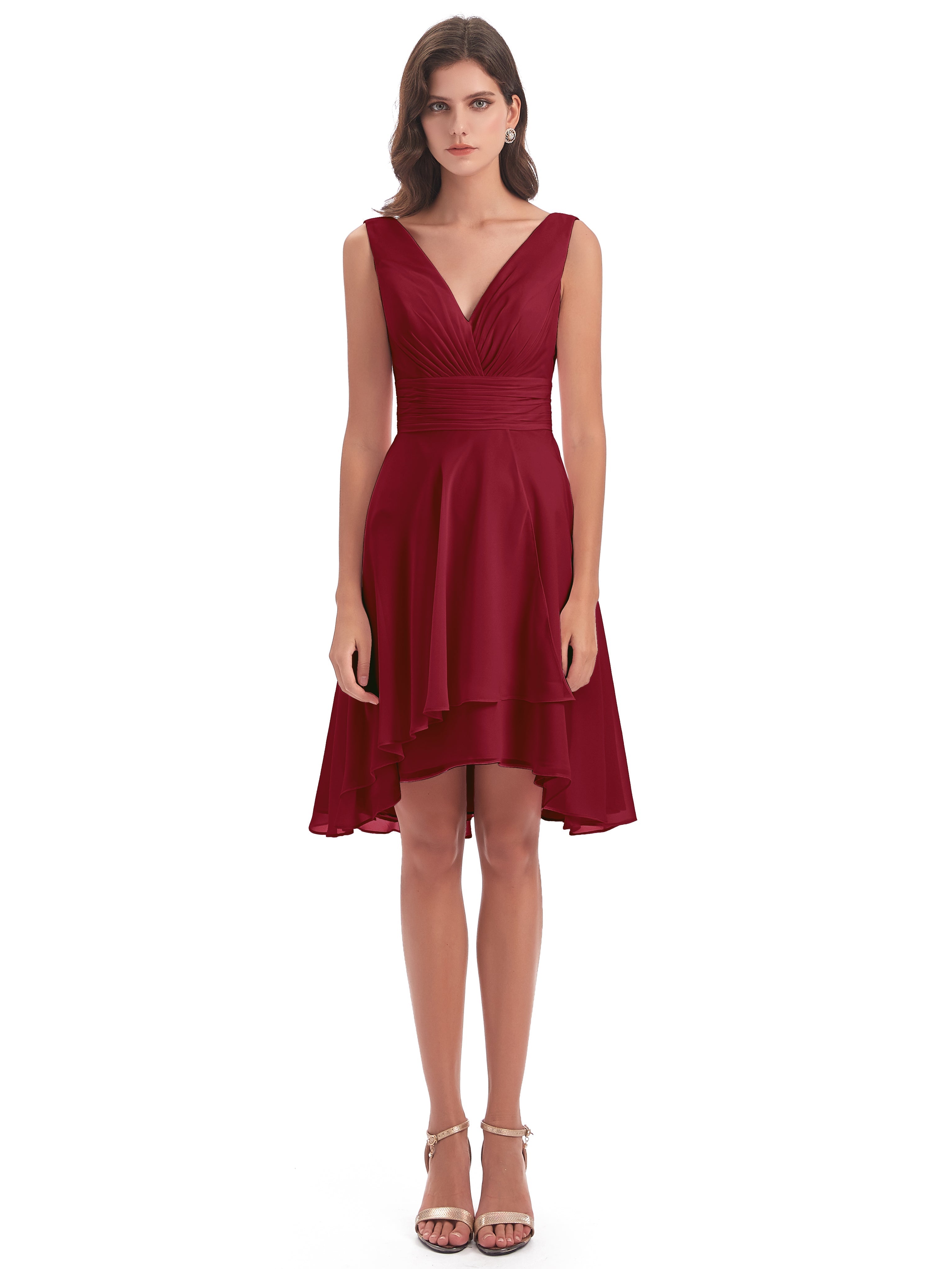 Robes De Demoiselle D'Honneur Rouge Bordeaux Haute Basse Col V Robes Demoiselle D'Honneur