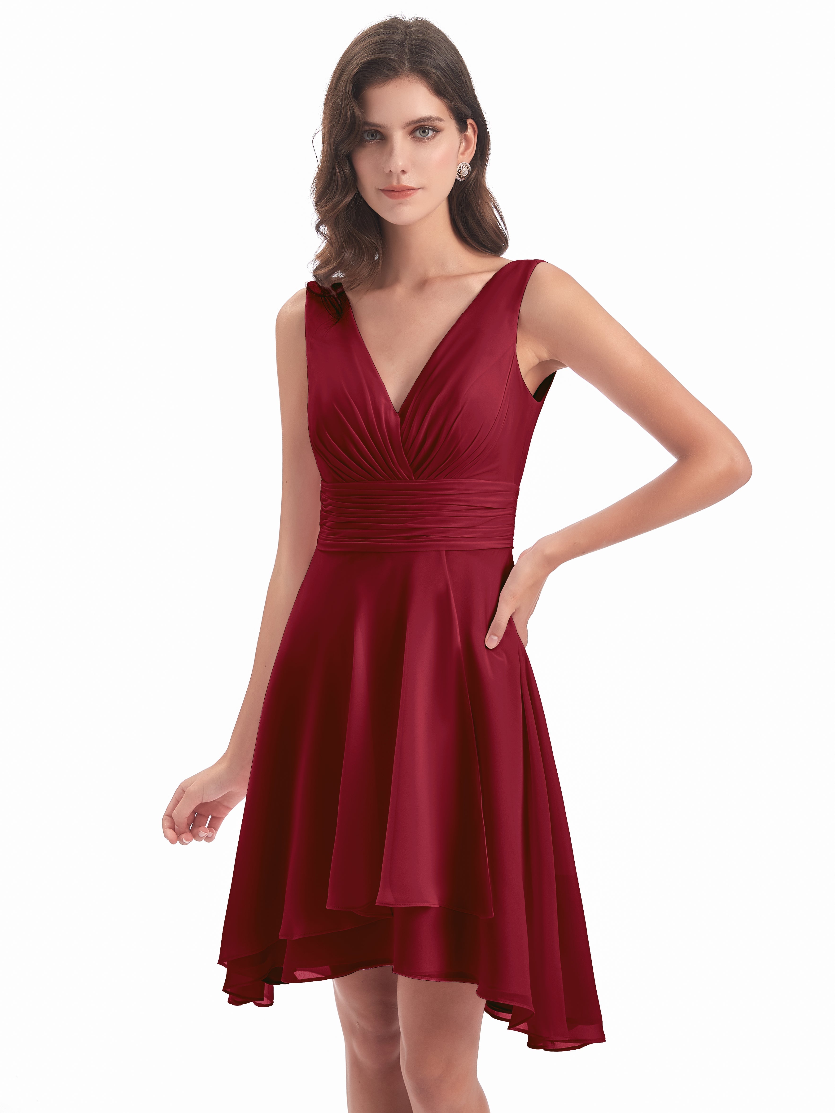 Robes De Demoiselle D'Honneur Rouge Bordeaux Haute Basse Col V Robes Demoiselle D'Honneur
