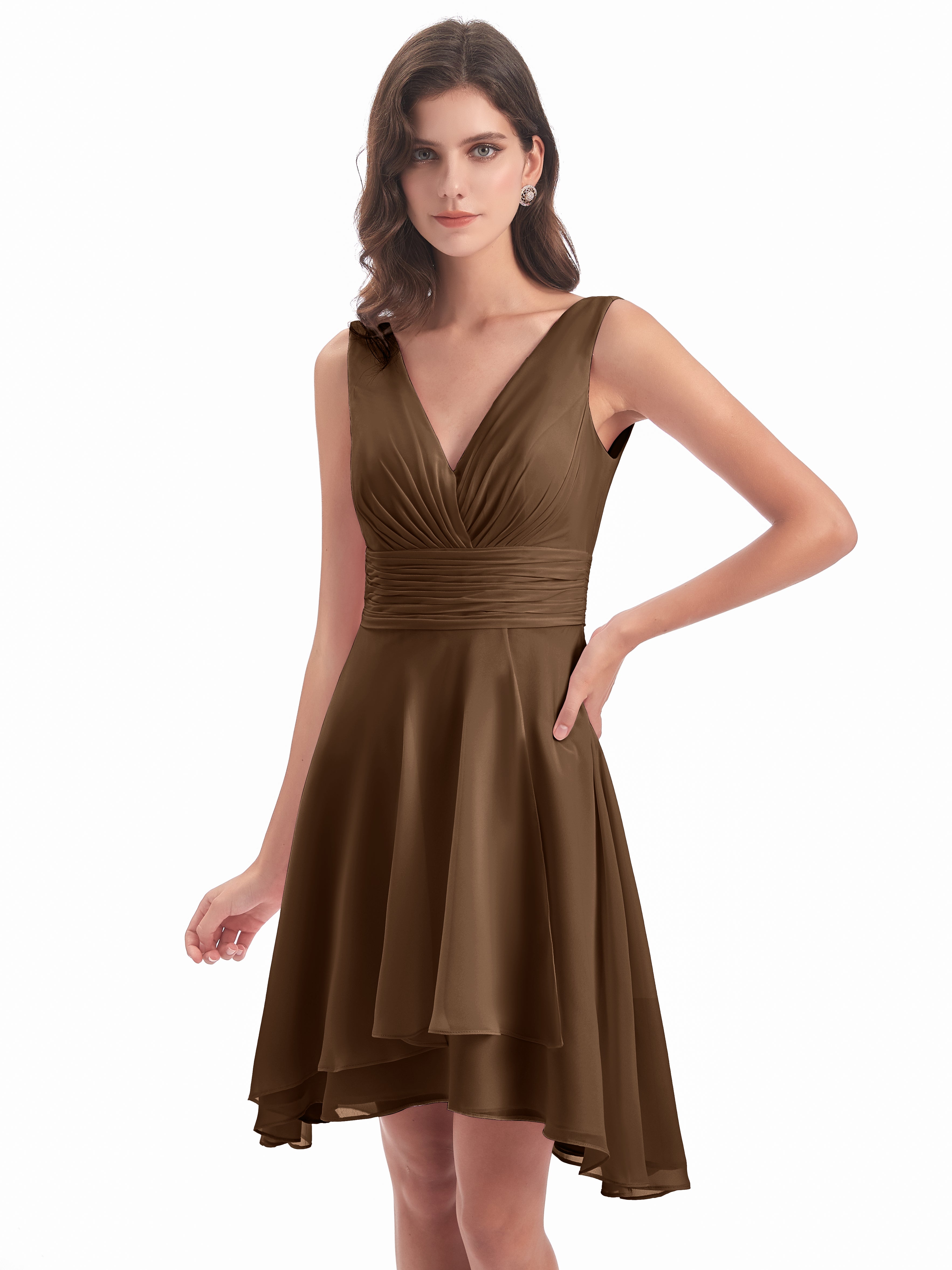 Robes De Demoiselle D'Honneur Brun Haute Basse Col V Robes Demoiselle D'Honneur
