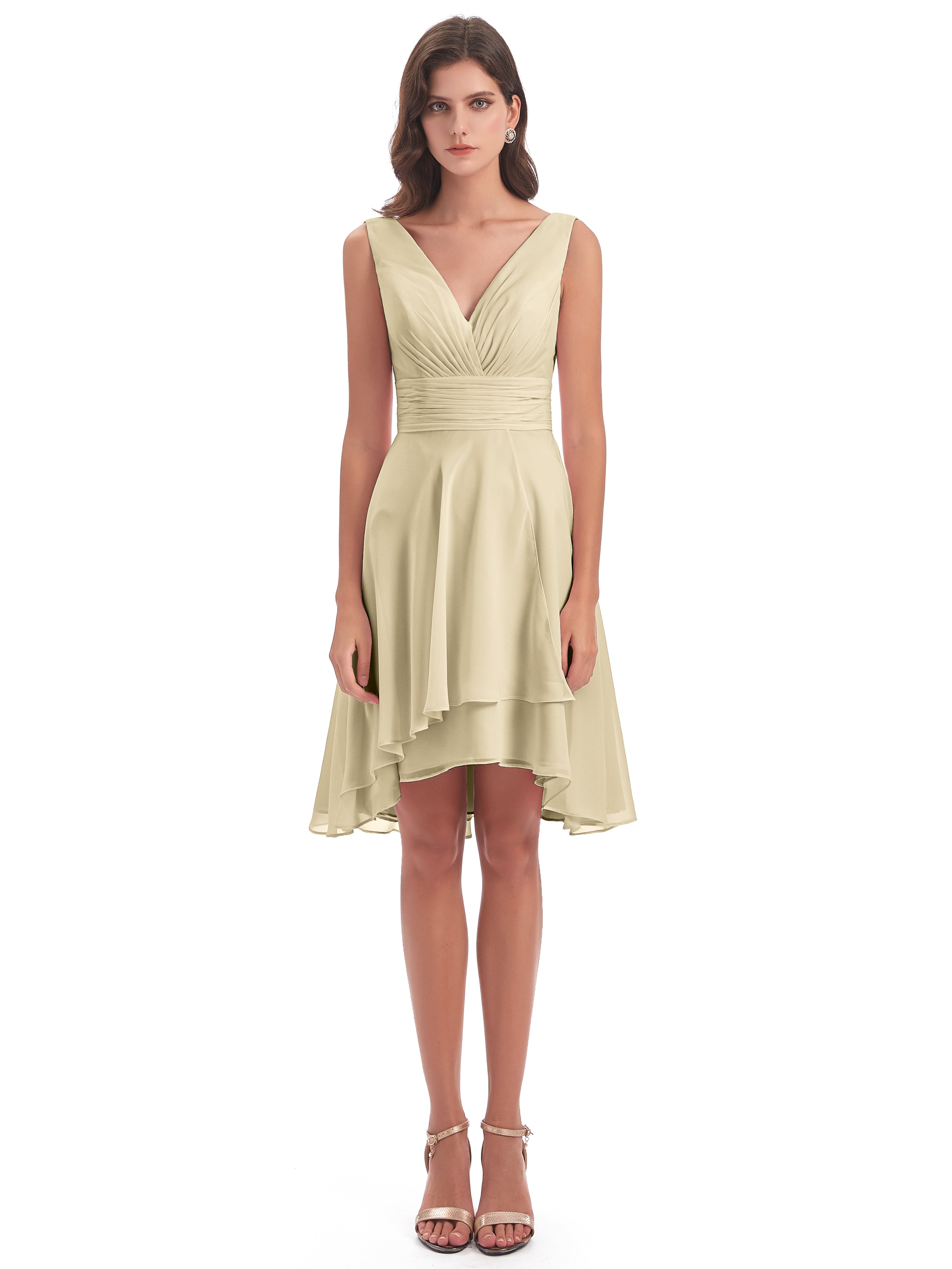 Robe De Demoiselle D'Honneur Champagne Haute Basse Col V Robes Demoiselle D'Honneur