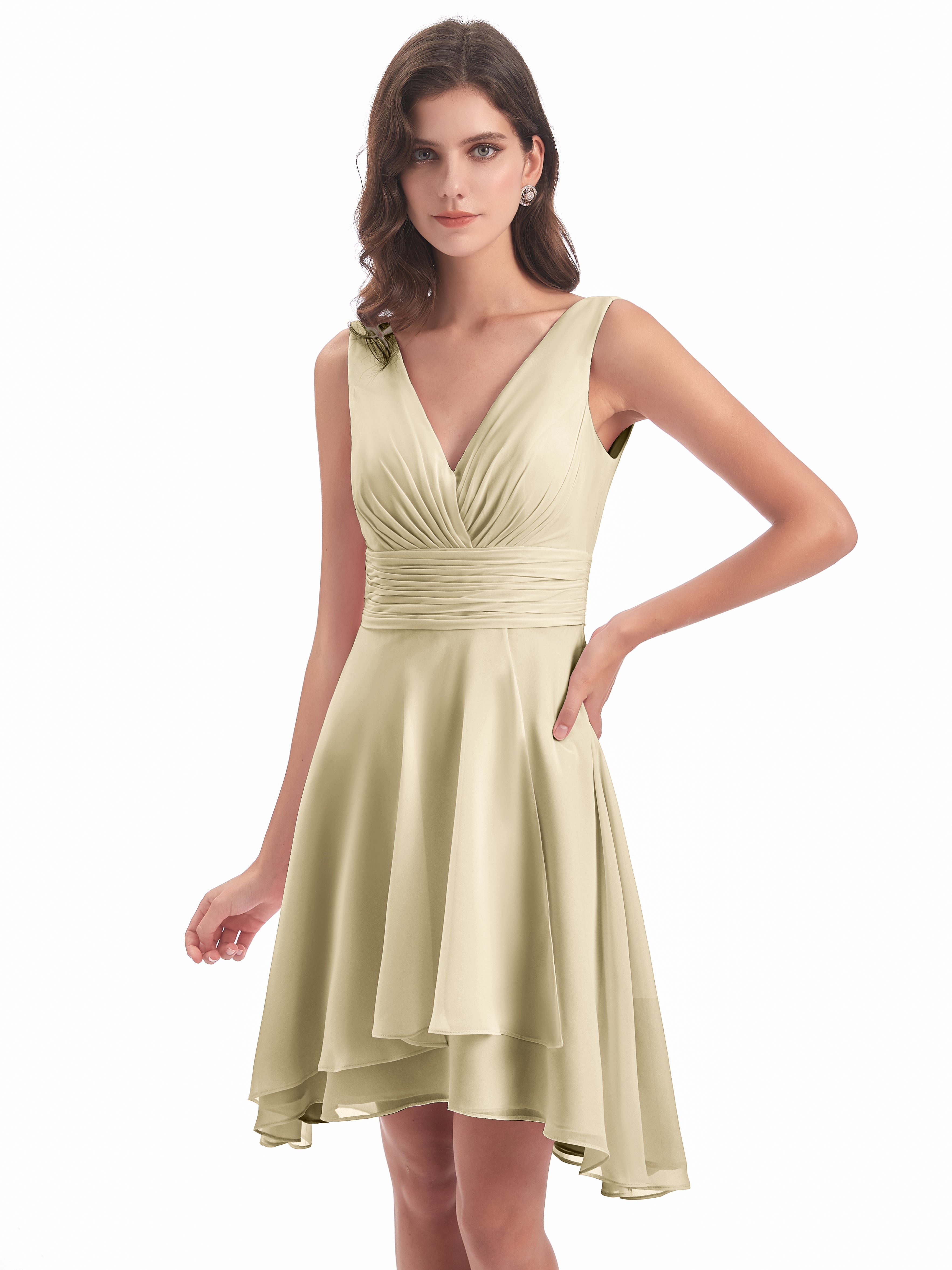 Robe De Demoiselle D'Honneur Champagne Haute Basse Col V Robes Demoiselle D'Honneur