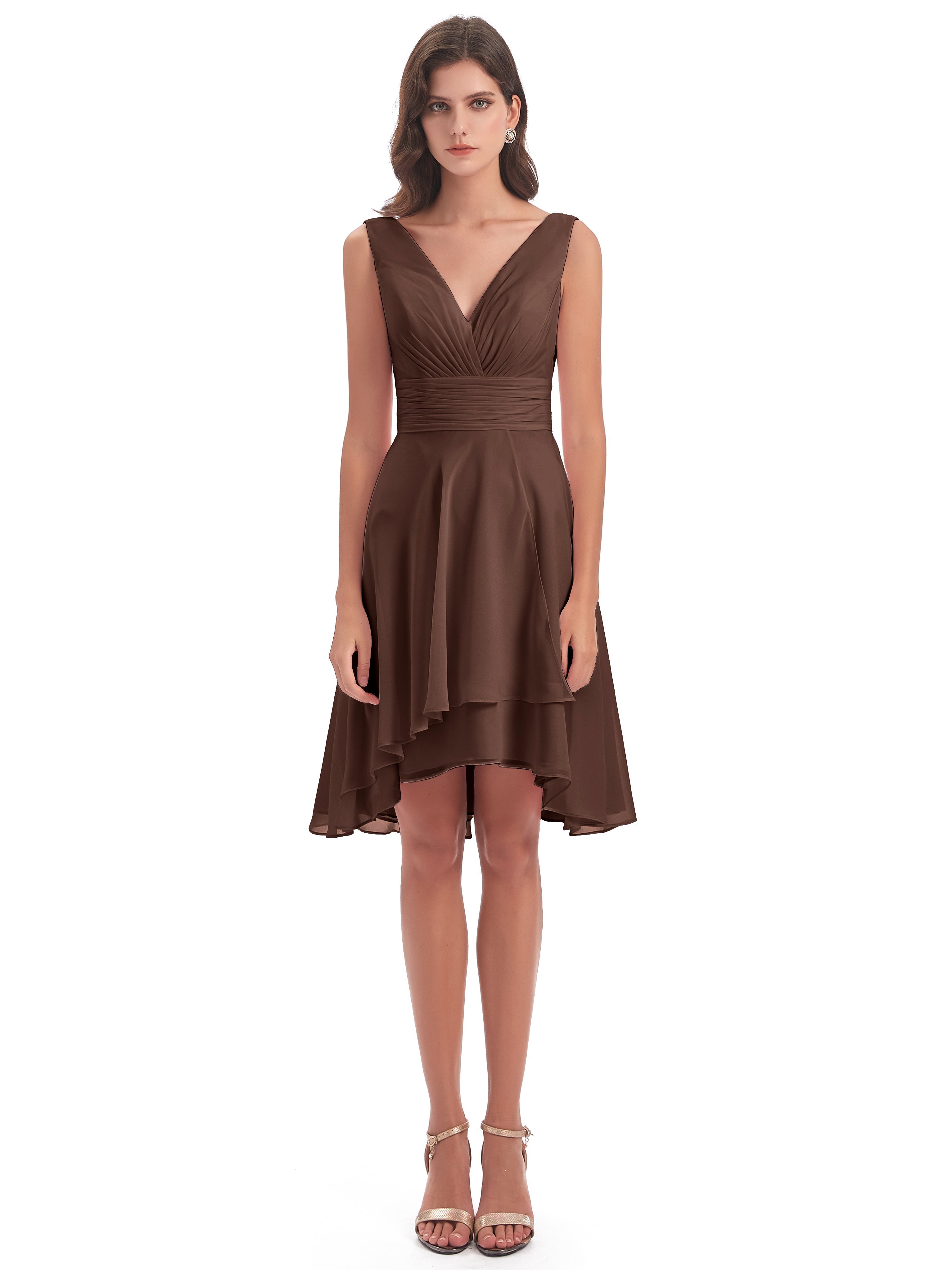 Robe Demoiselle D Honneur Marron Chocolat Haute Basse Col V Robes Demoiselle D'Honneur