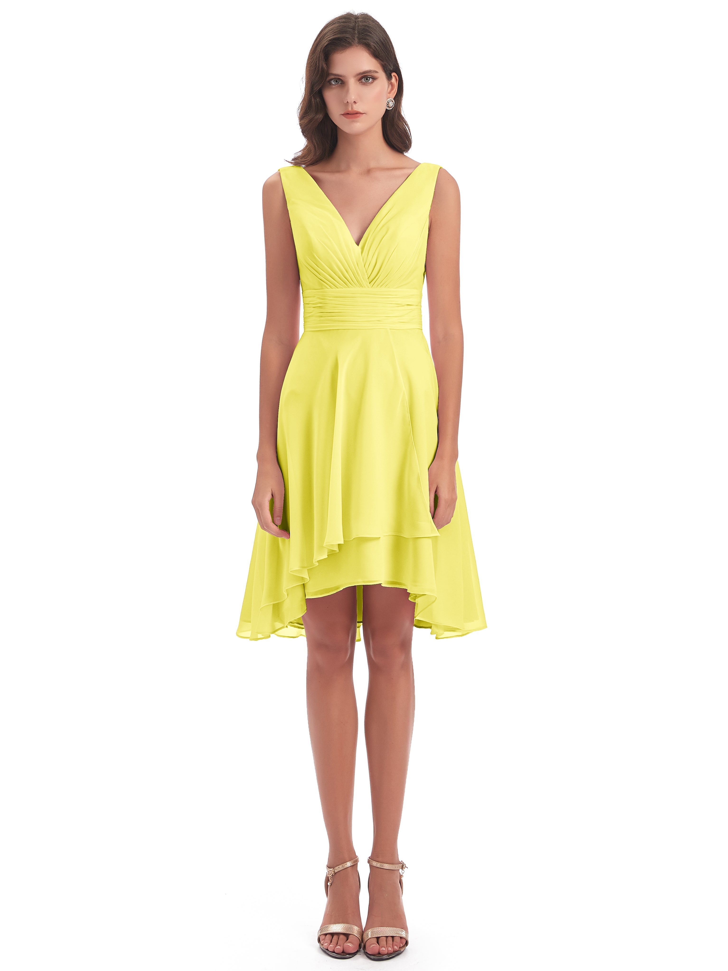Robes De Demoiselle D'Honneur Citron Haute Basse Col V Robes Demoiselle D'Honneur