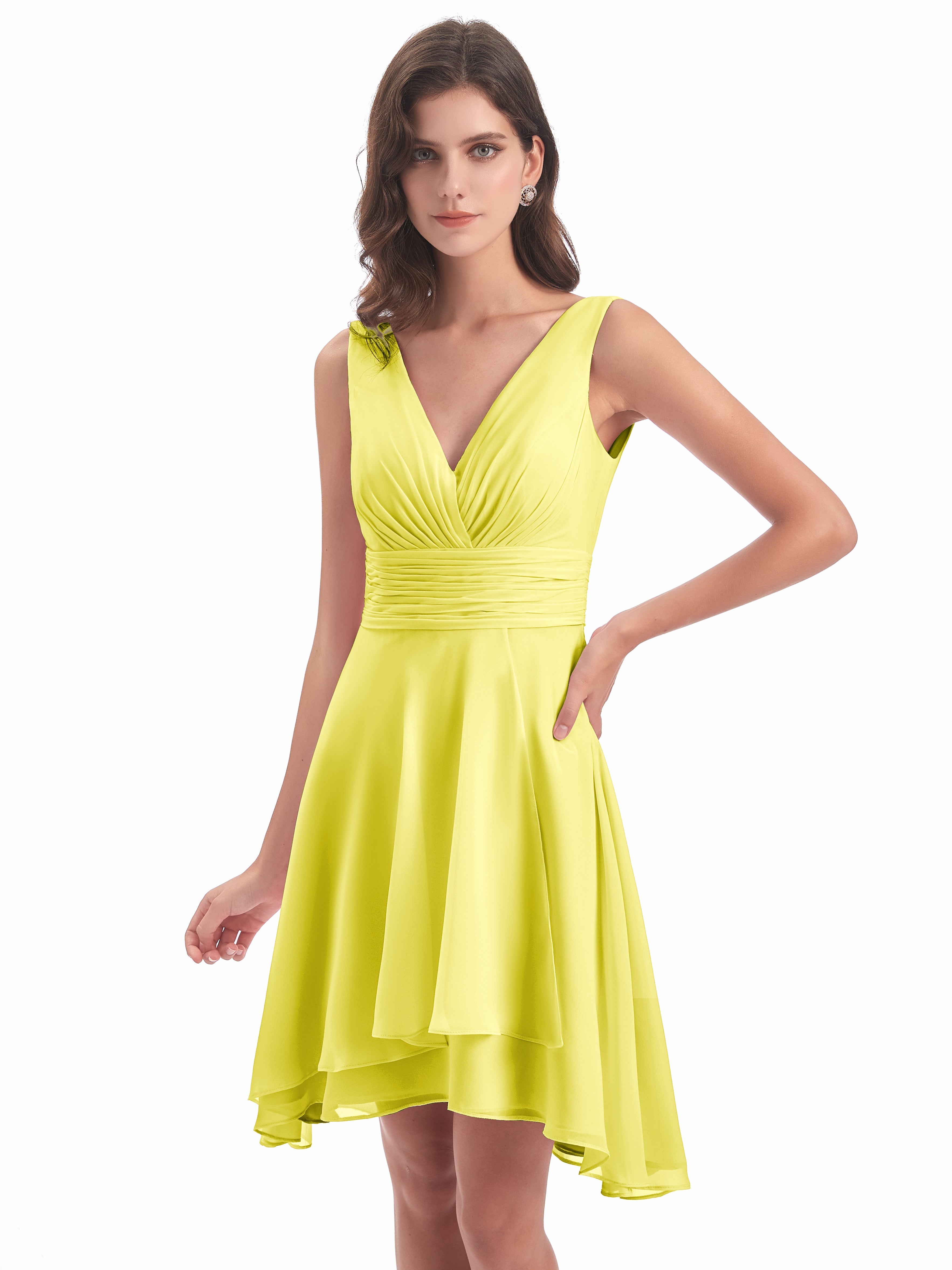 Robes De Demoiselle D'Honneur Citron Haute Basse Col V Robes Demoiselle D'Honneur