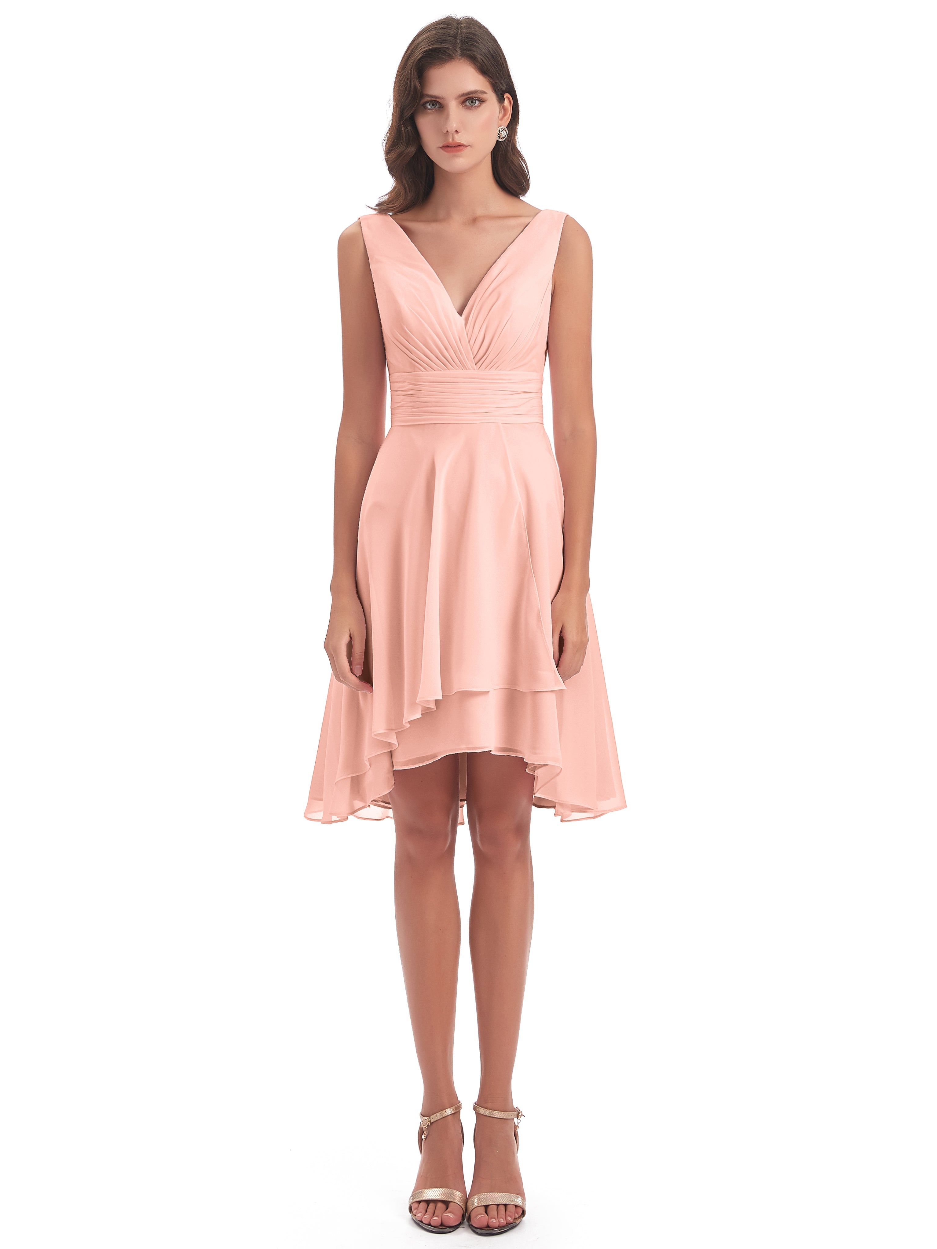 Robes De Demoiselle D'Honneur Corail Haute Basse Col V Robes Demoiselle D'Honneur
