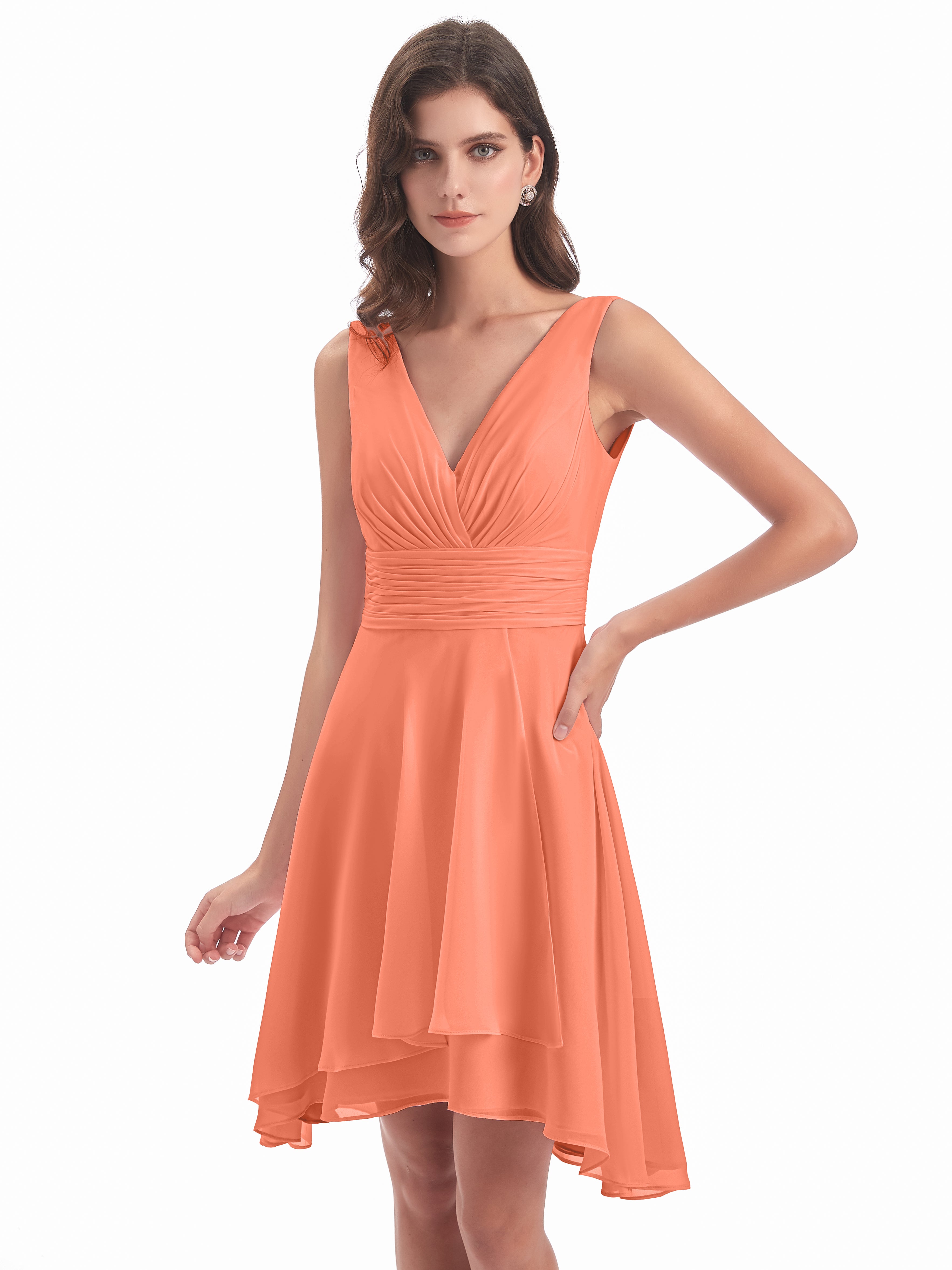 Robes De Demoiselle D'Honneur Coucher De Soleil Haute Basse Col V Robes Demoiselle D'Honneur