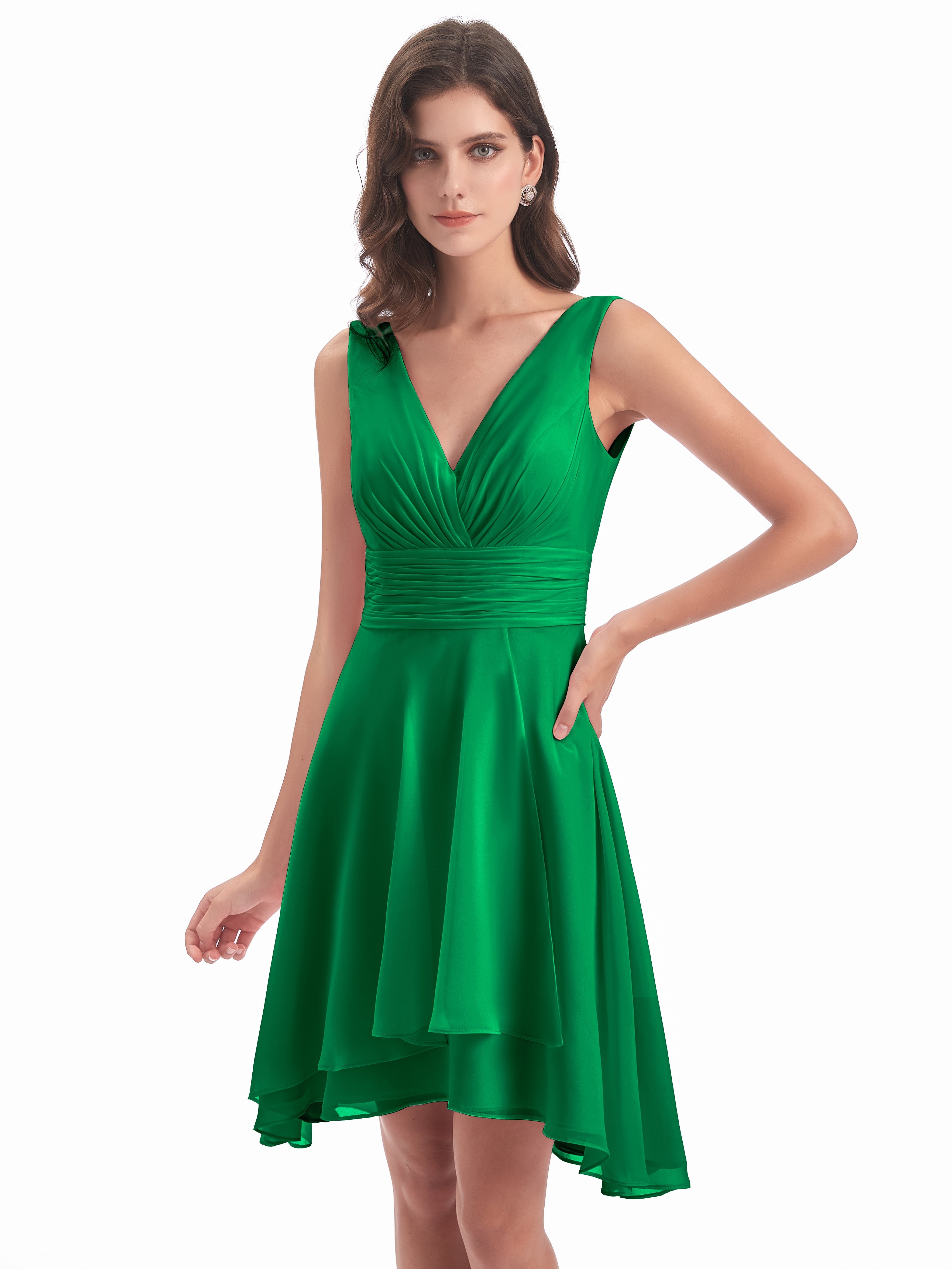 Robes De Demoiselle D'Honneur Vert Émeraude Haute Basse Col V Robes Demoiselle D'Honneur