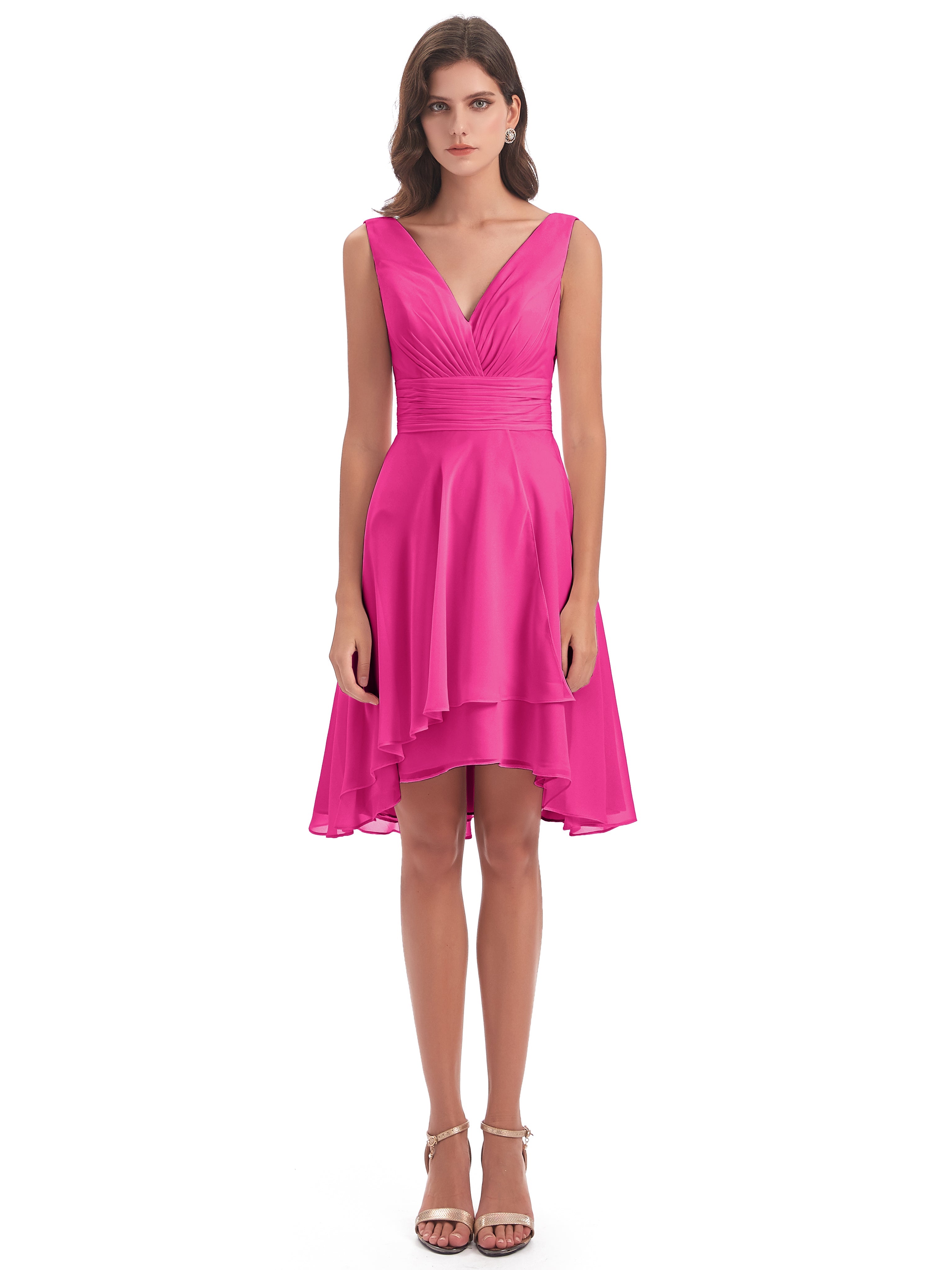 Robes De Demoiselle D'Honneur Rose Fuchsia Couleur Haute Basse Col V Robes Demoiselle D'Honneur