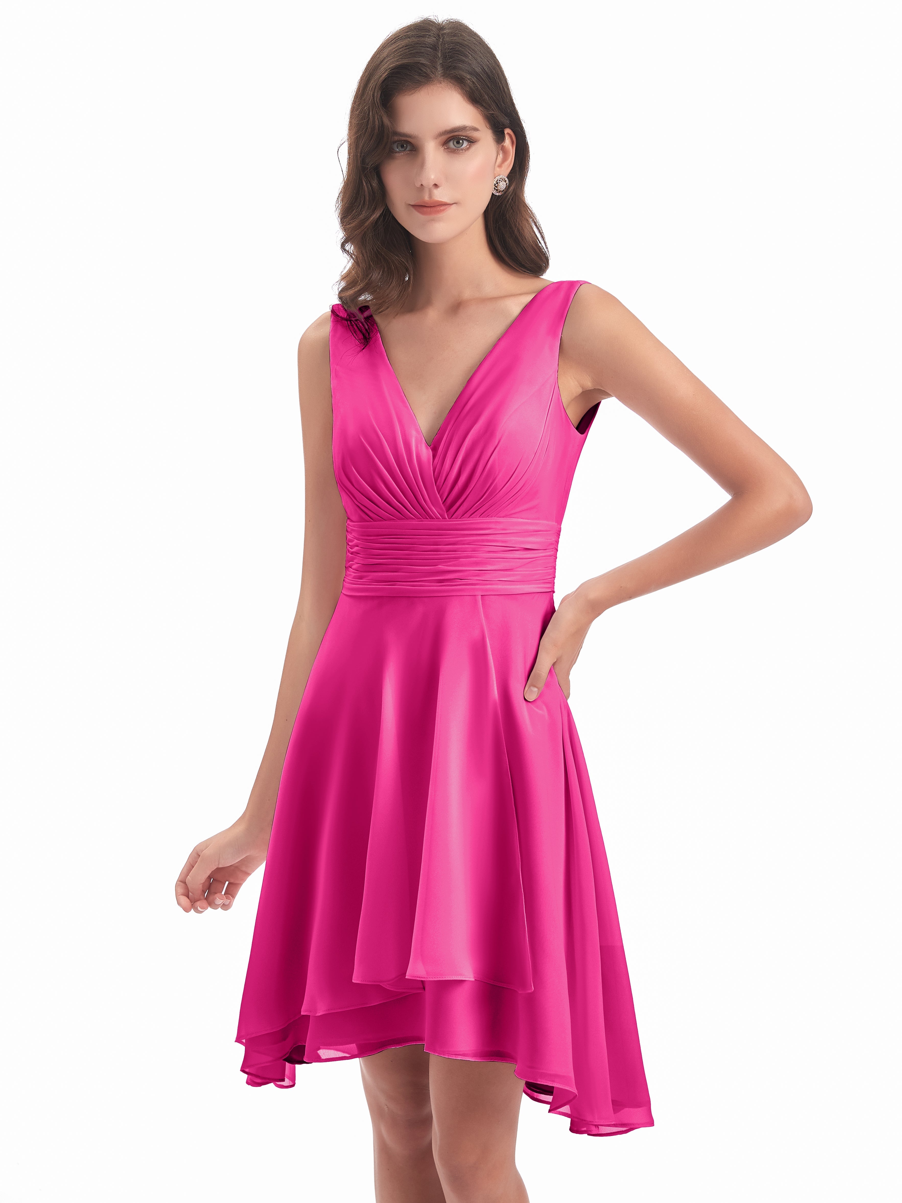 Robes De Demoiselle D'Honneur Rose Fuchsia Couleur Haute Basse Col V Robes Demoiselle D'Honneur