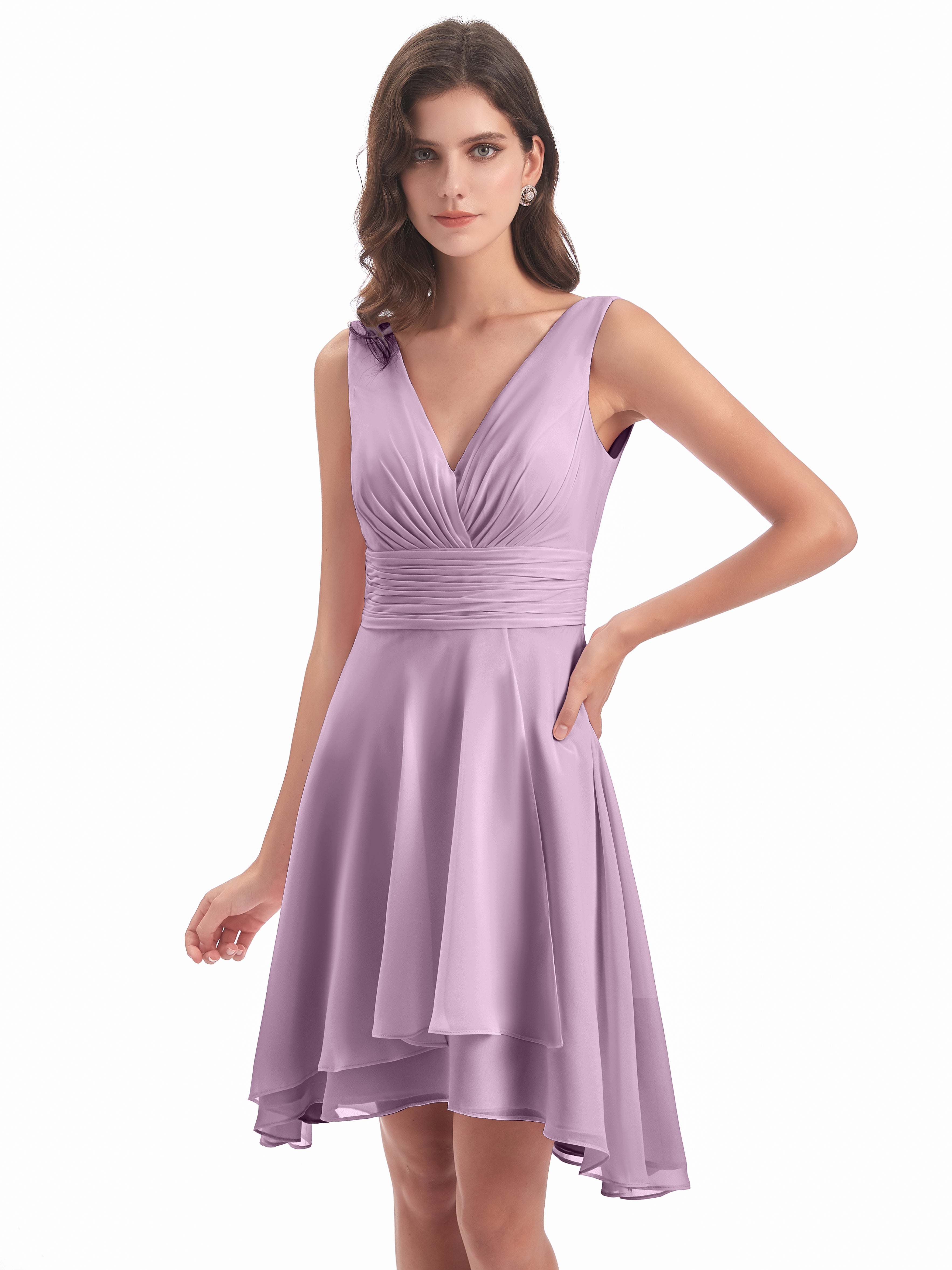 Robes De Demoiselle D'Honneur Glycine Haute Basse Col V Robes Demoiselle D'Honneur
