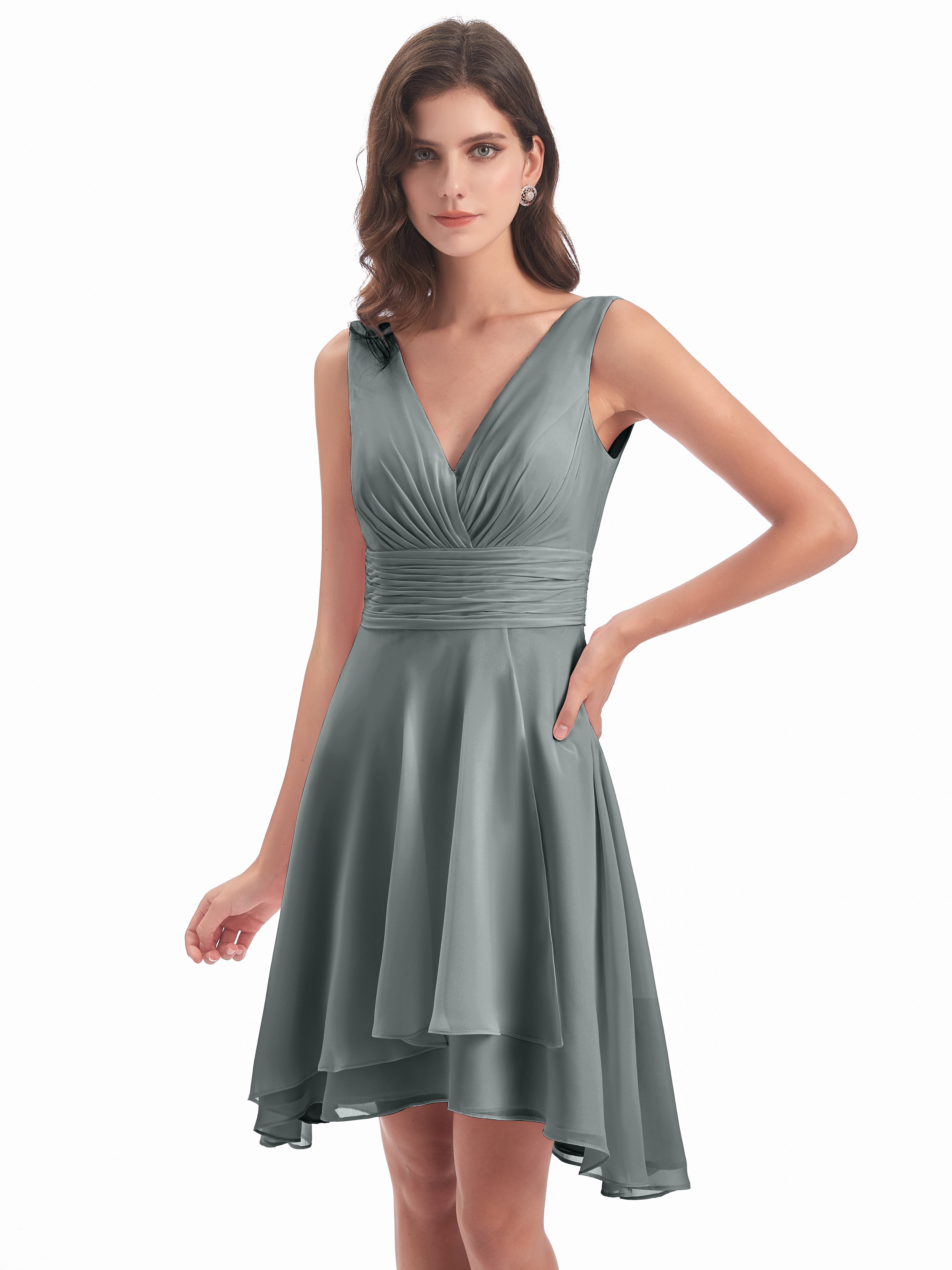 Robe Grise Demoiselle D Honneur Haute Basse Col V Robes Demoiselle D'Honneur