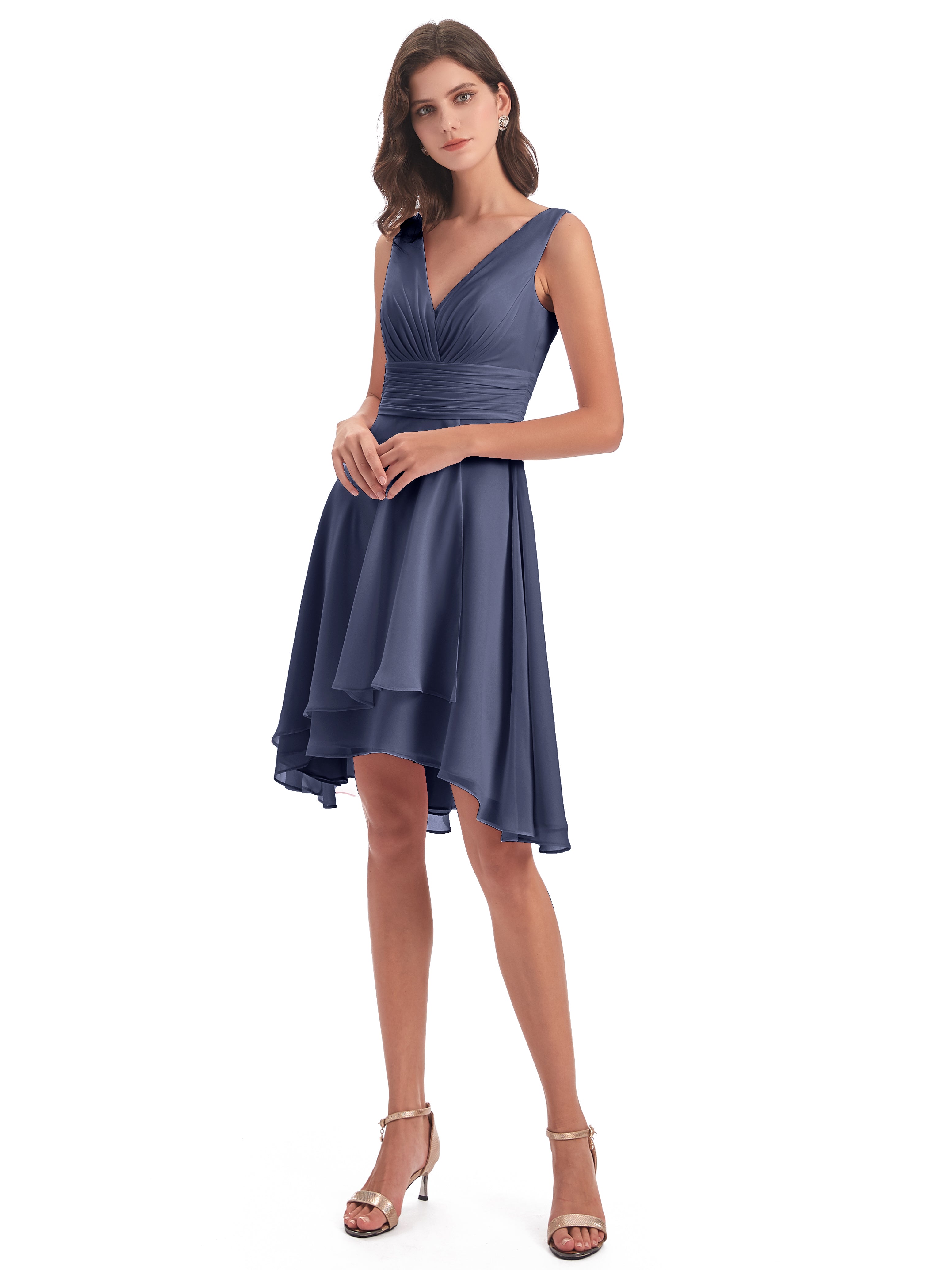 Robes De Demoiselle D'Honneur Bleu Orageux Haute Basse Col V Robes Demoiselle D'Honneur