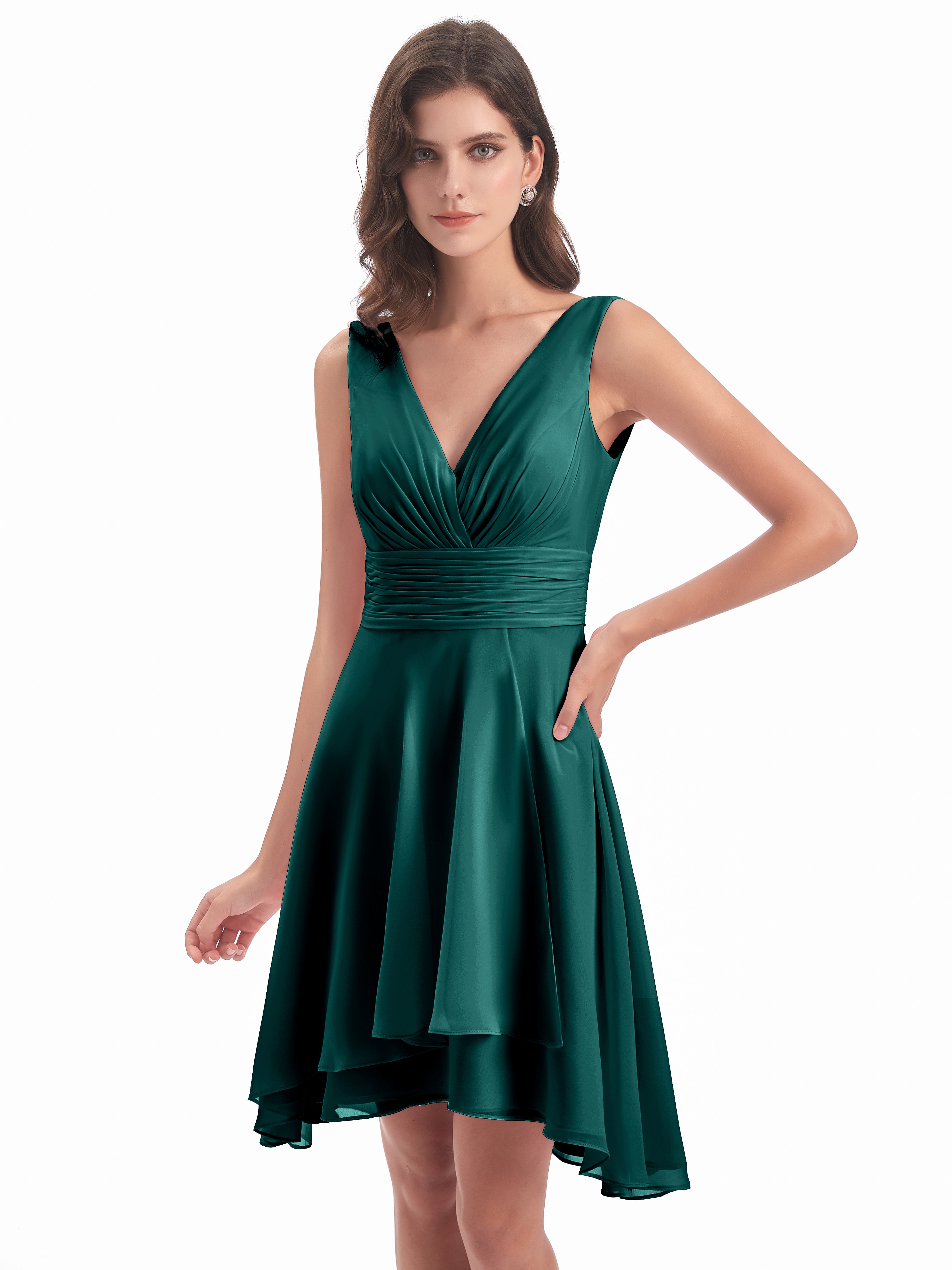 Robes De Demoiselle D'Honneur Paon Haute Basse Col V Robes Demoiselle D'Honneur