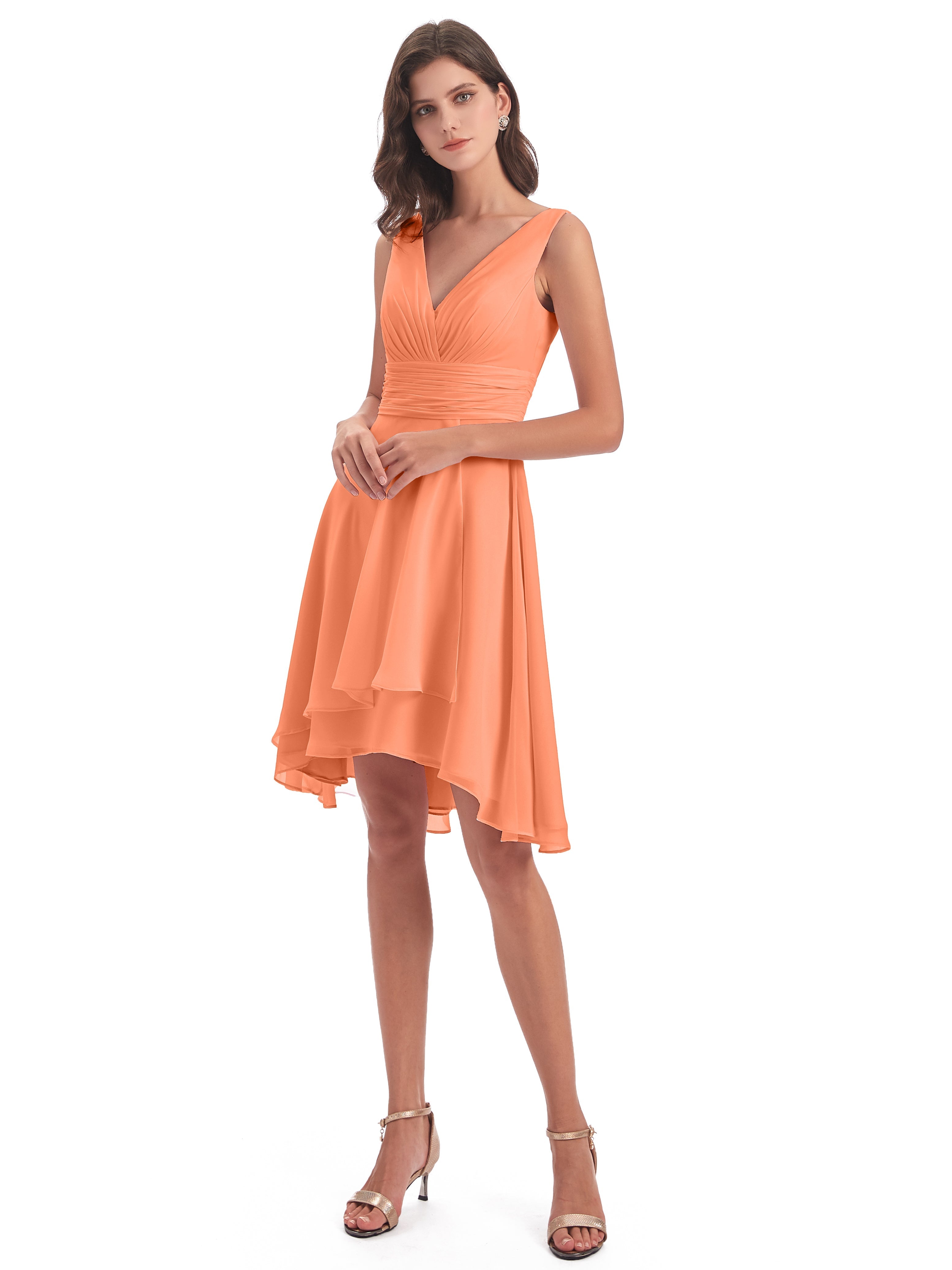 Robes De Demoiselle D'Honneur Papaye Haute Basse Col V Robes Demoiselle D'Honneur