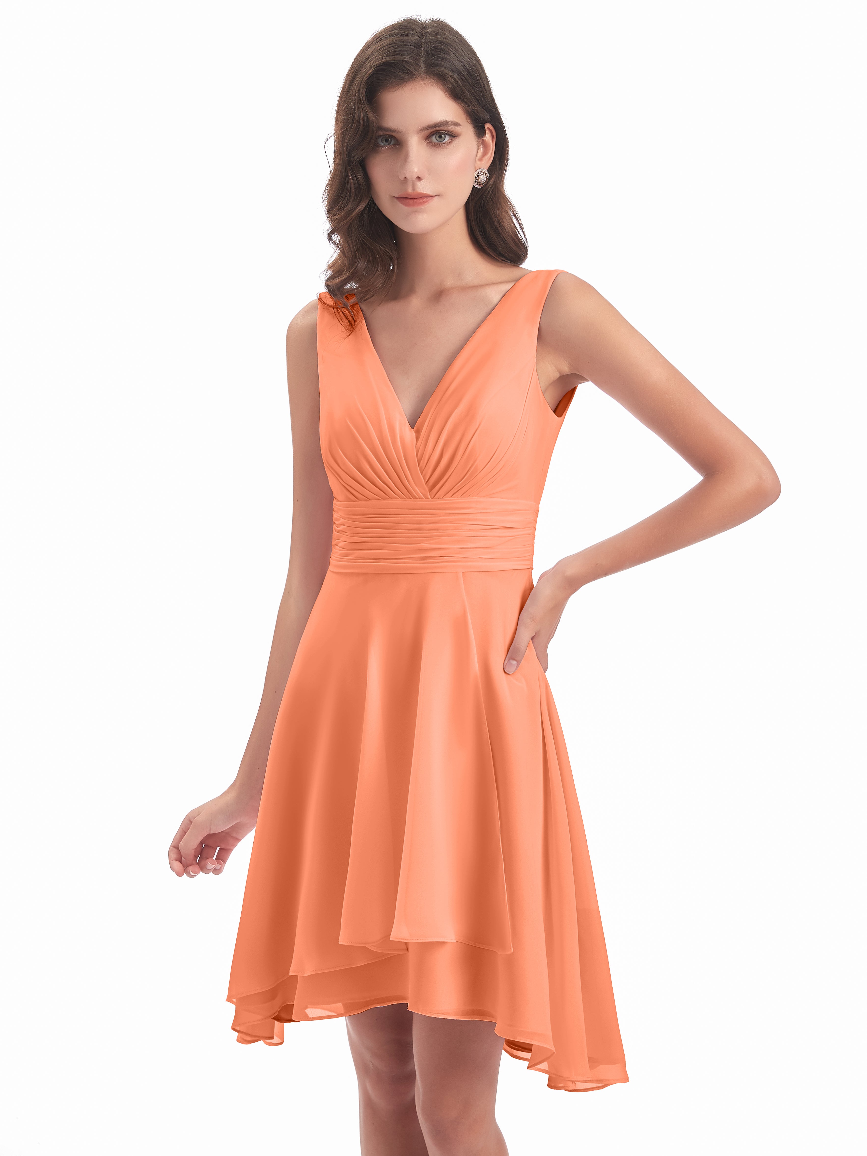 Robes De Demoiselle D'Honneur Papaye Haute Basse Col V Robes Demoiselle D'Honneur