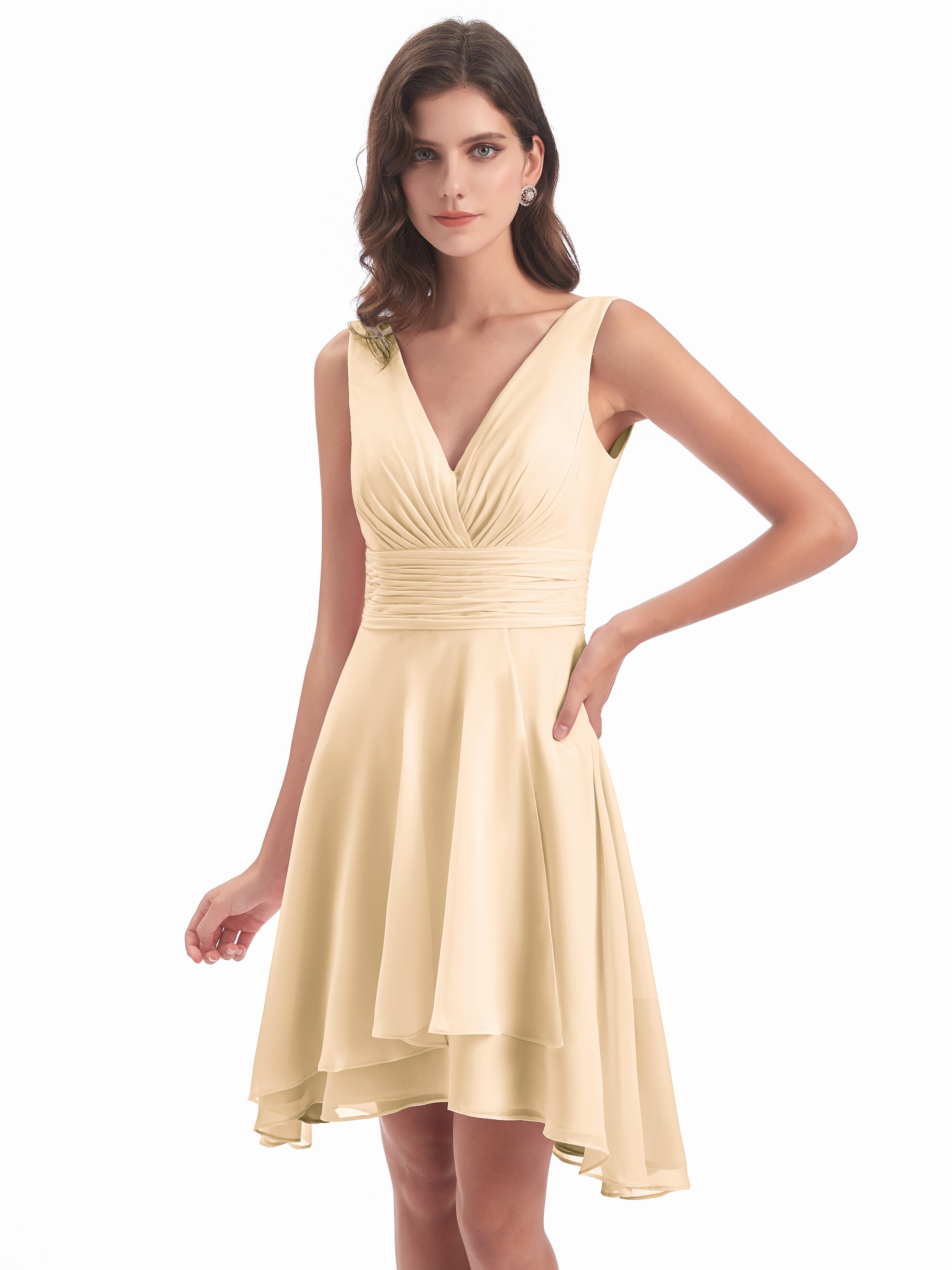 Robes De Demoiselle D'Honneur Rose Pêche Haute Basse Col V Robes Demoiselle D'Honneur