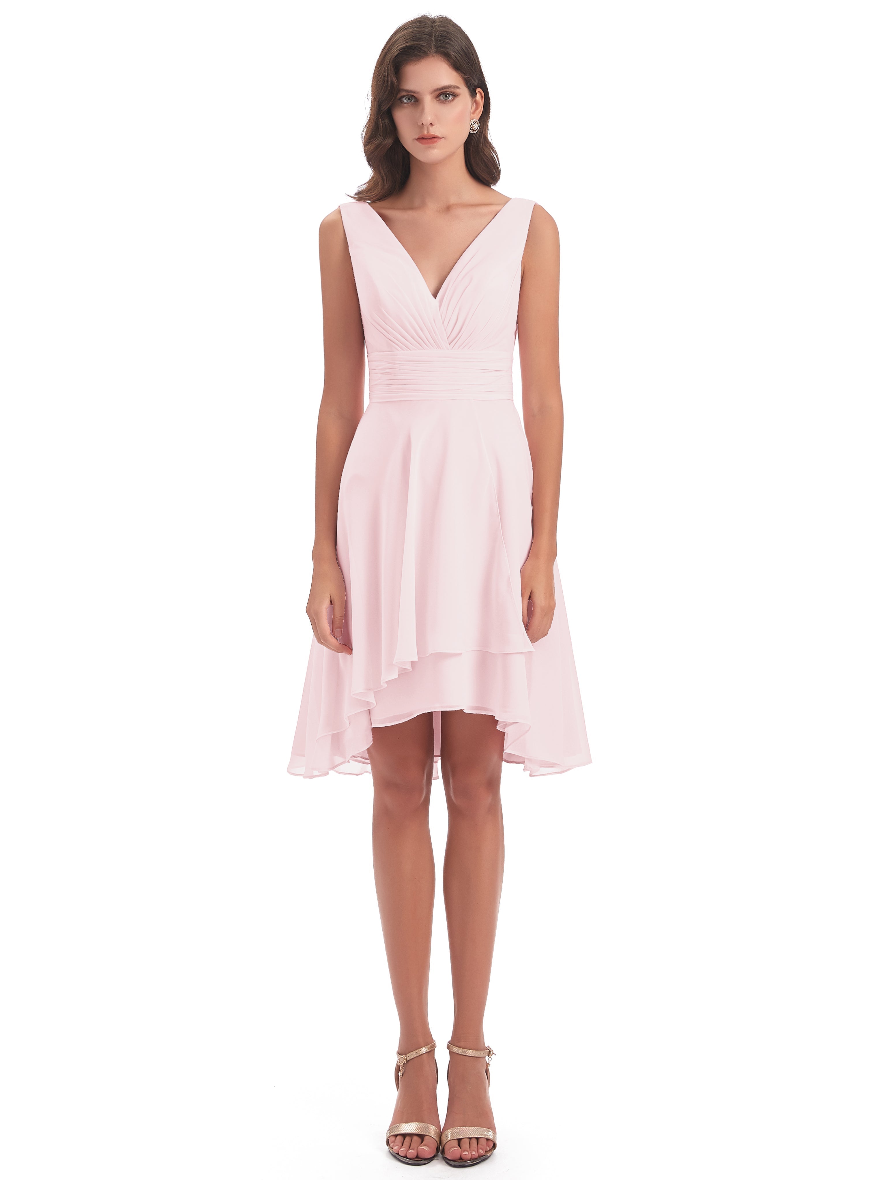 Robe Rose Pale Demoiselle D Honneur Haute Basse Col V Robes Demoiselle D'Honneur